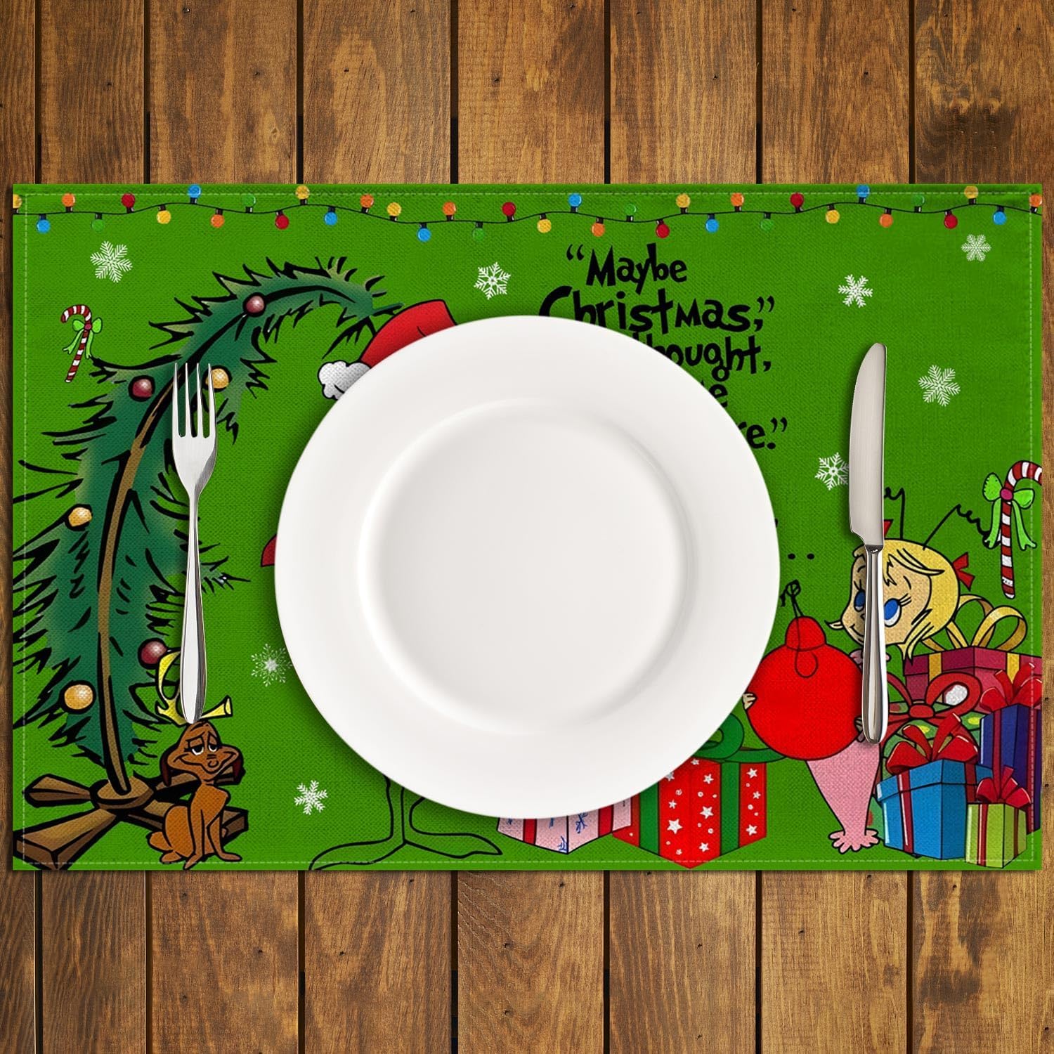 Nepnuser Juego de 4 manteles individuales de lino con texto en inglés Merry Christmas de Grinchmas Whoville Green Elf Navidad, fiestas de invierno,