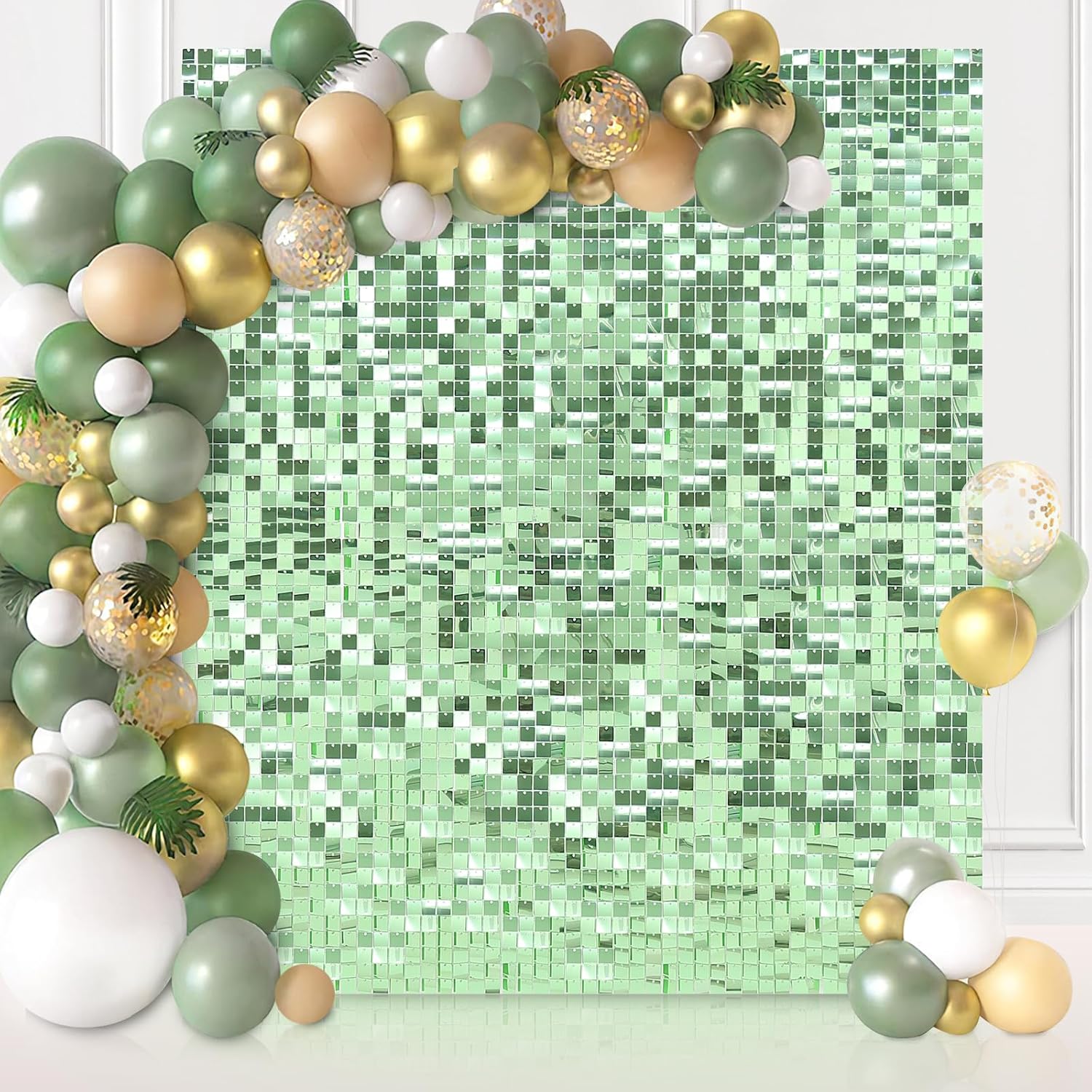 Telón de fondo de pared verde salvia brillante con lentejuelas, paneles de decoración de fiesta, fondos de fotografía, paneles de pared para