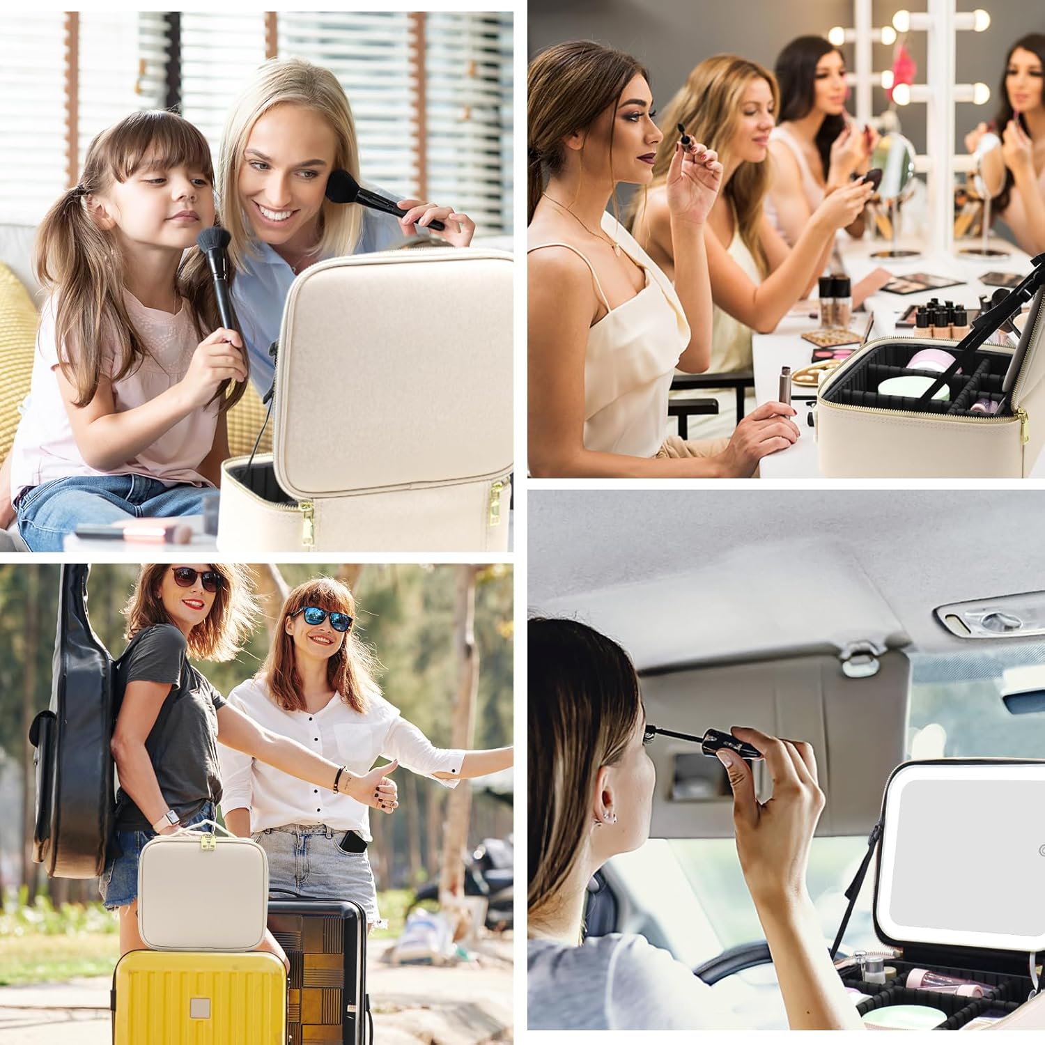 Bolsa de maquillaje con espejo de luz LED, estuche de viaje para maquillaje, organizador de bolsas de cosméticos con divisores ajustables, estuche
