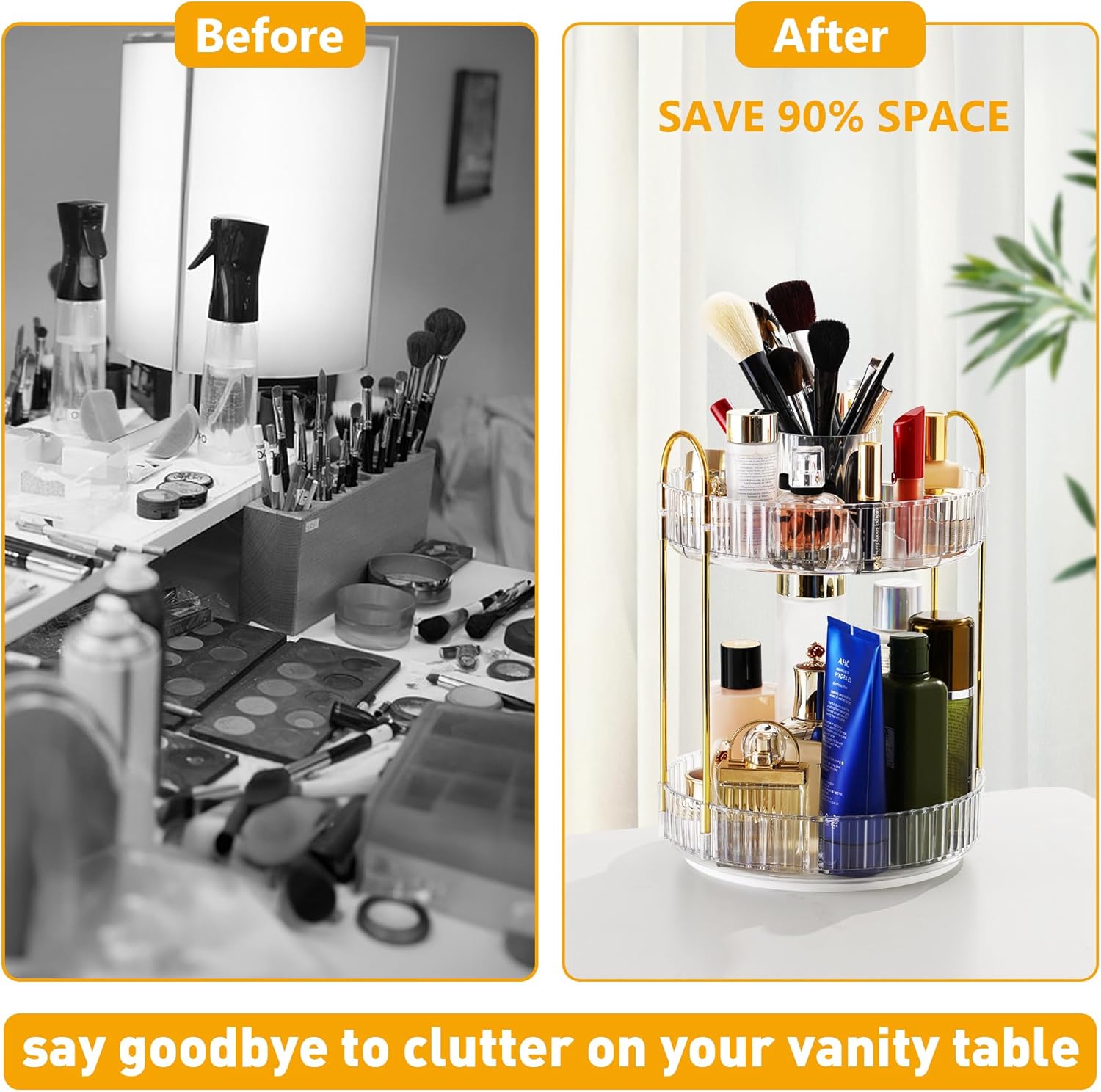 XISIYUJZ Organizador de maquillaje giratorio de 360 para tocador de 2 niveles, organizador de tocador de baño de alta capacidad, organizador de