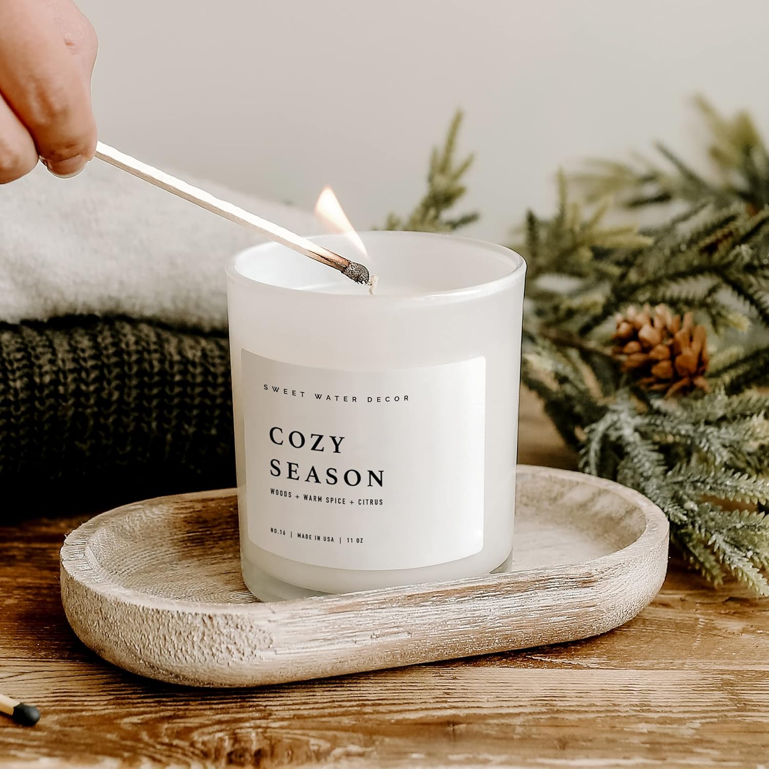 Sweet Water Decor Cozy Season Soy Candle  Woods, Warm Spice, and Citrus Fall Scented Candles for Home  11oz White Jar + Wood Lid, 50+ Hour Burn