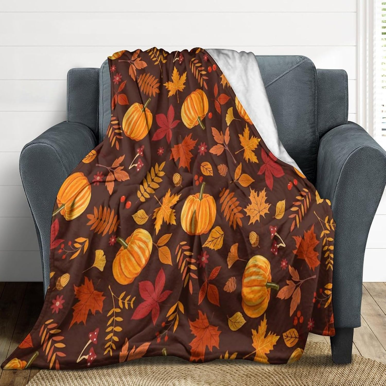 Manta suave de otoño con hojas de arce y calabaza, manta de franela para sala de estar, sofá, cama, silla, dormitorio, 50 x 60 pulgadas