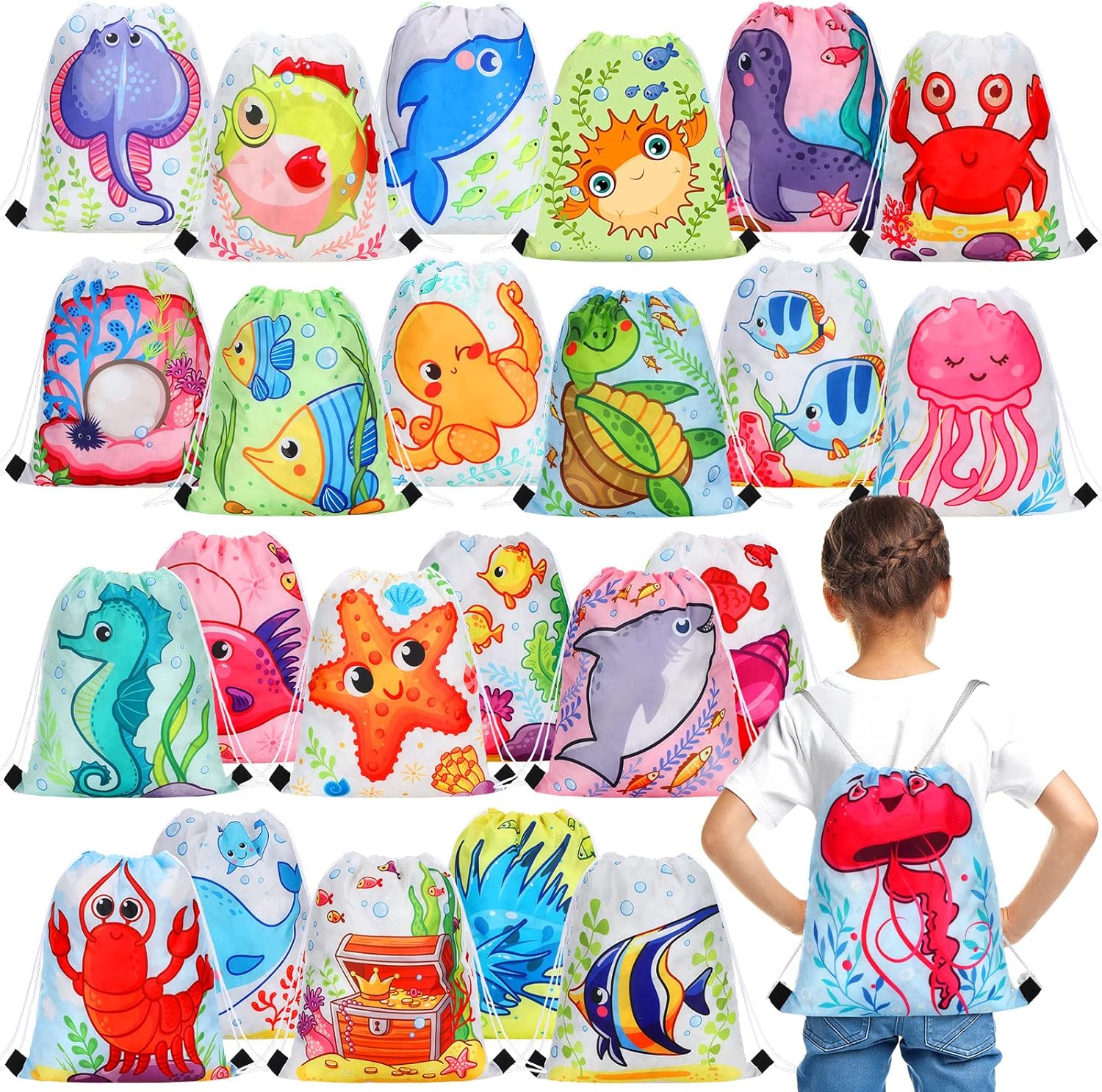 24 bolsas con cordón de animales marinos, mochila para regalo de fiesta de vida marina, bolsas de regalo para fiesta de océano, bolsas de regalo