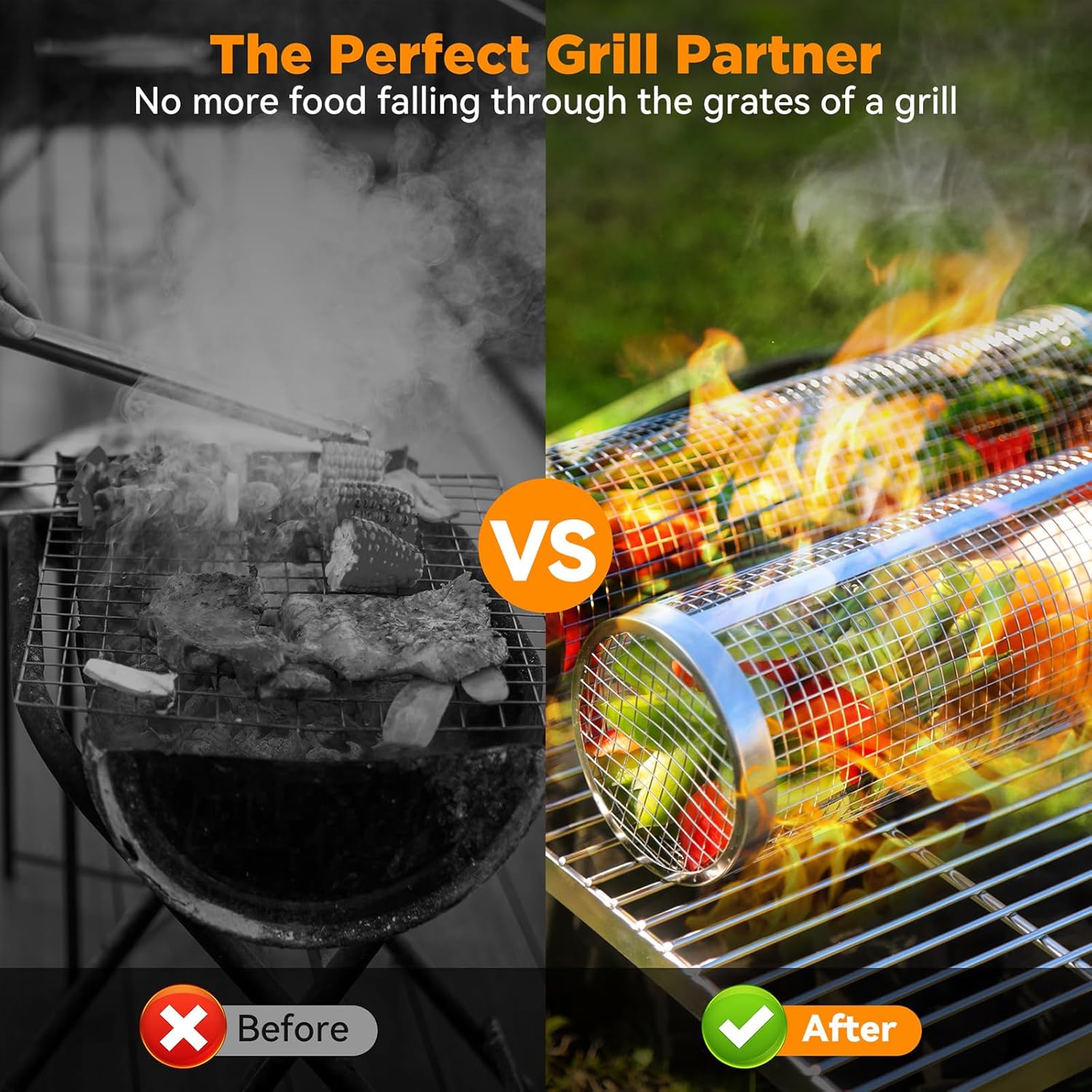 Cesta de parrilla para barbacoa, cesta rodante, accesorios de parrilla de malla de acero inoxidable, cestas de parrilla portátiles para parrilla al