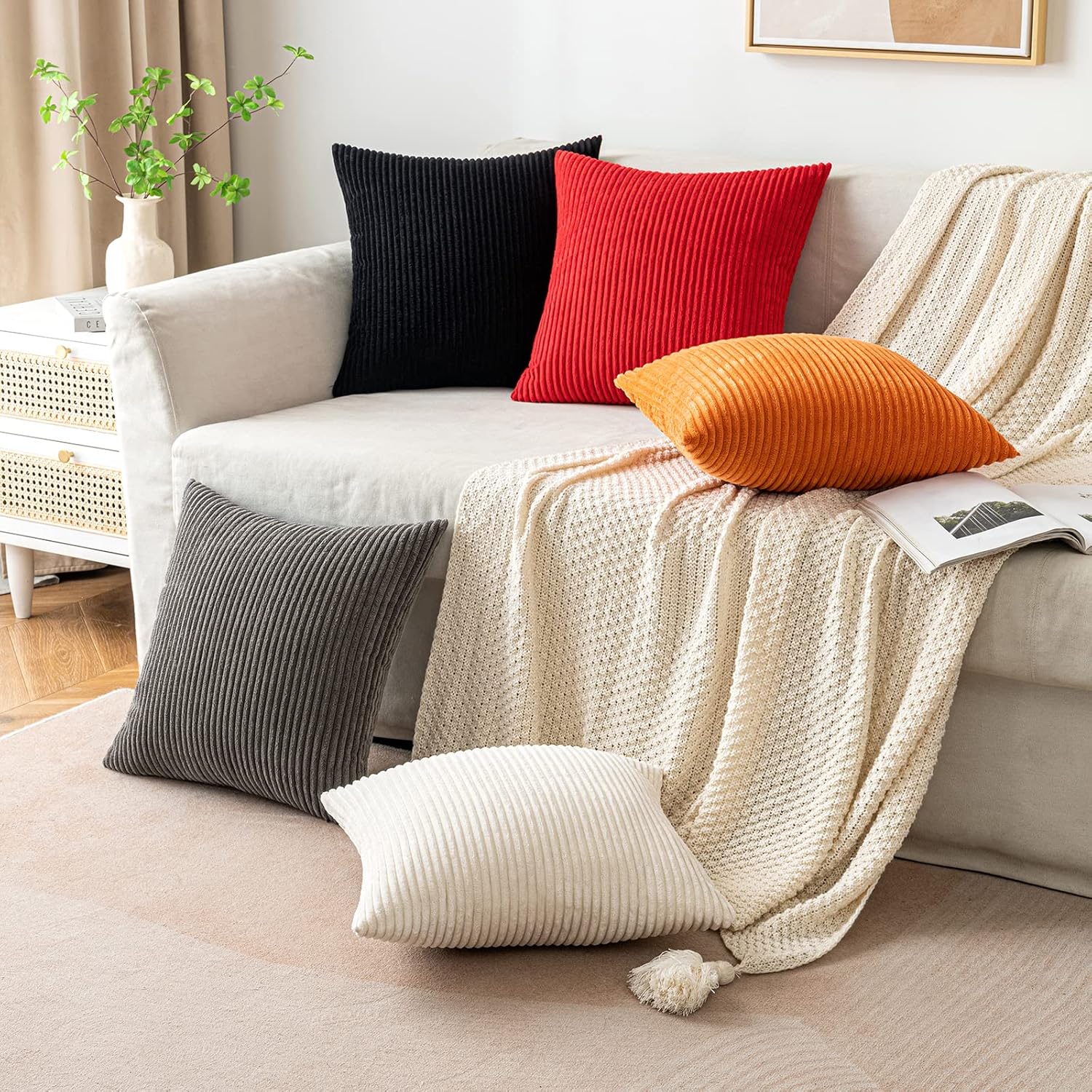 EMEMA Juego de 2 fundas de cojín rectangulares de pana suave a rayas, fundas de almohada de primavera para sofá, dormitorio, silla o automóvil, 12 x