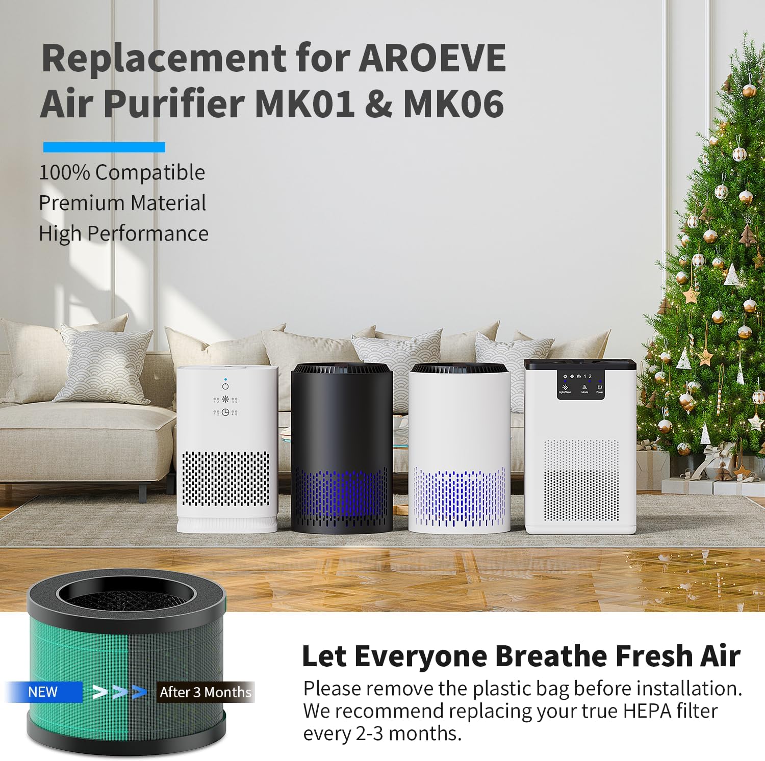 Paquete de 2 filtros de repuesto DH-JH01, filtro HEPA verdadero H13 compatible con AROEVE MK01 MK06, ToLife TZ-K1 y Kloudi DH-JH01 e Intelabe