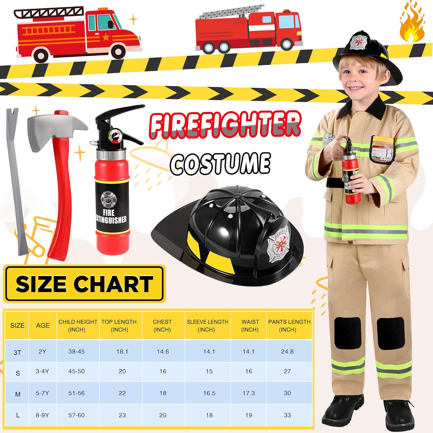 GIFTINBOX Disfraz de bombero para niños, disfraz de bombero para niños con accesorios, disfraz de Halloween para niños, juego de rol