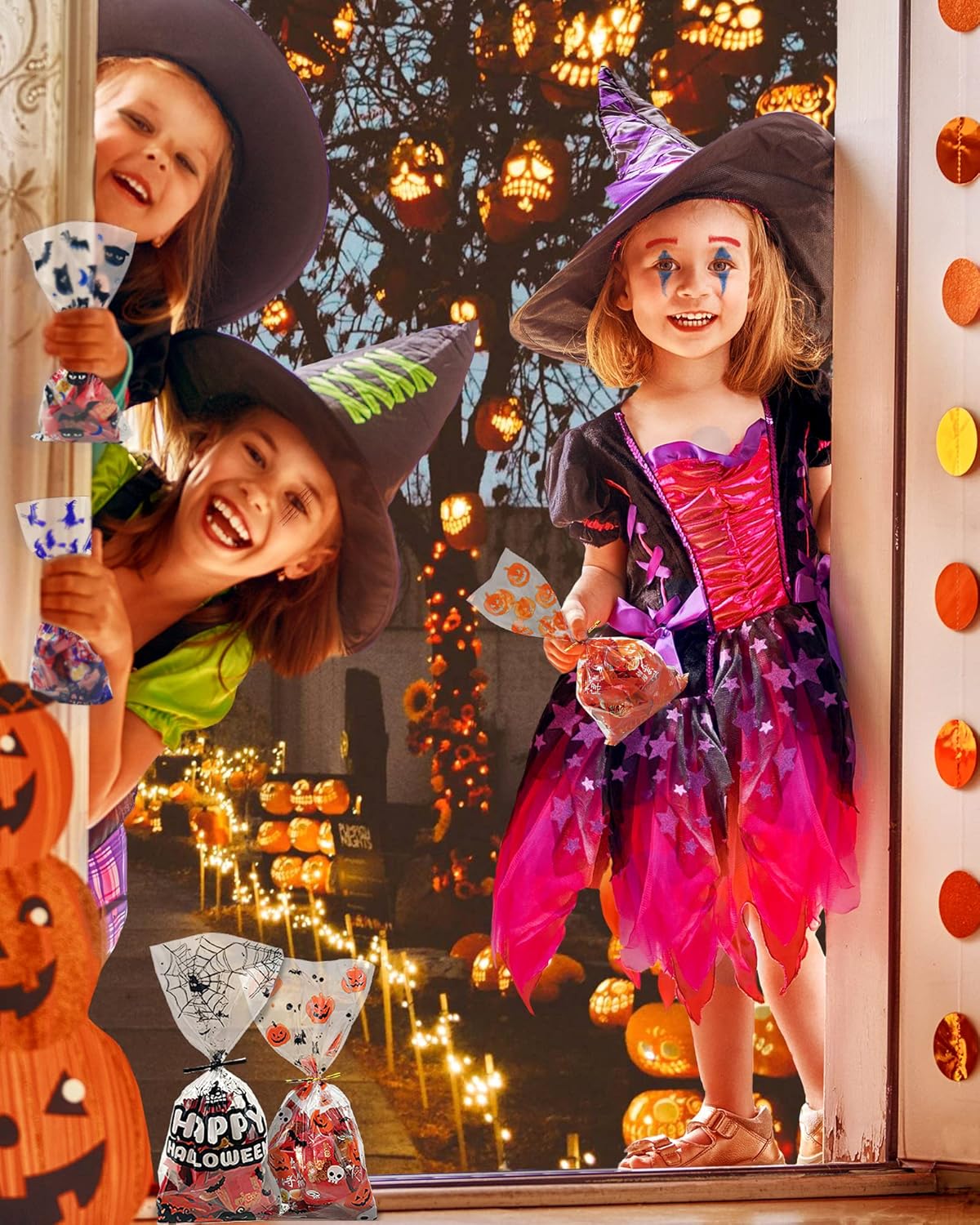 NESIMY Bolsas de golosinas de Halloween para celofán, bolsa de celofán a granel con lazos giratorios para dulce o truco, regalos y recuerdos de