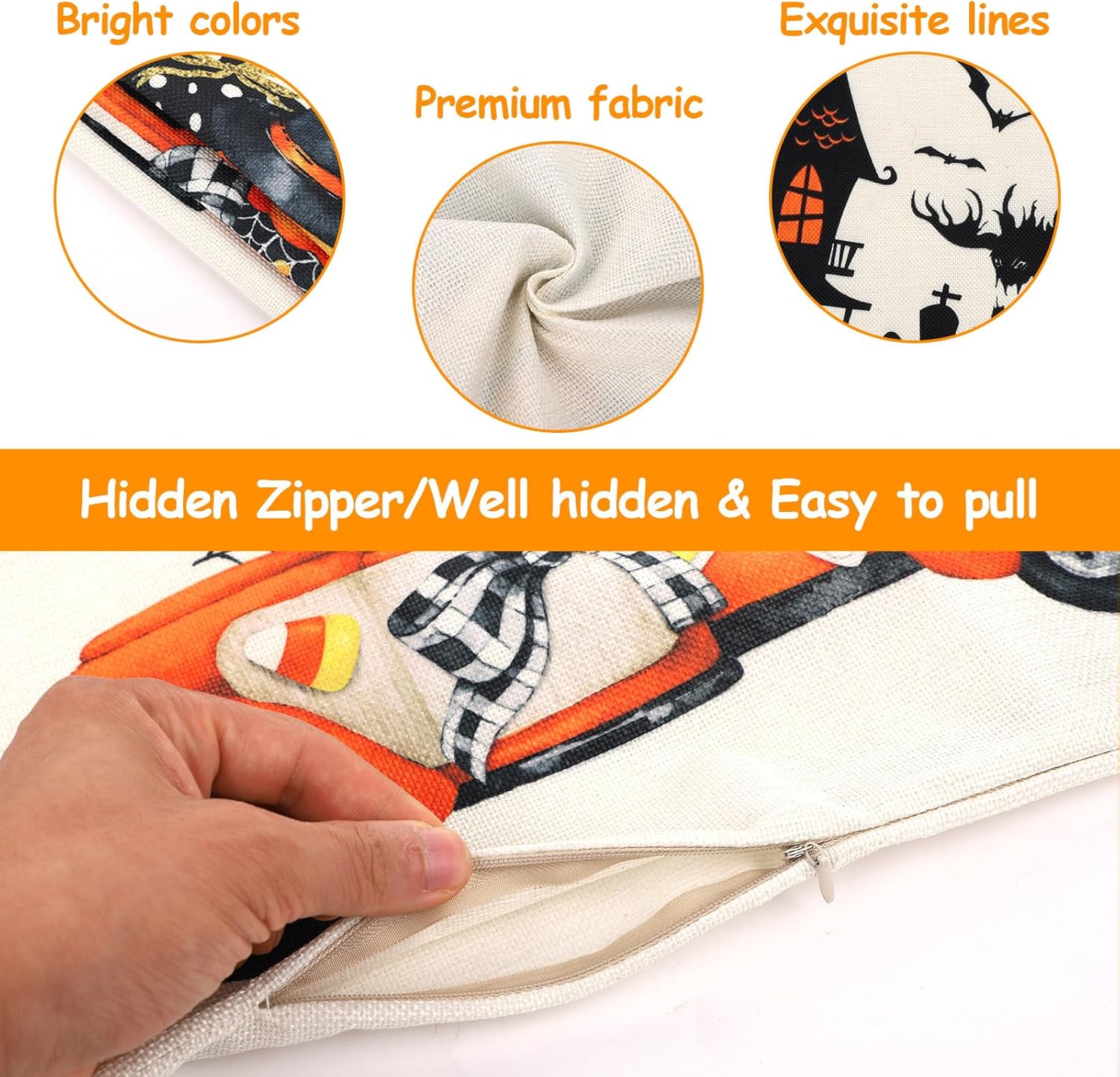 Juego de 4 fundas de almohada de Halloween, 18 x 18 pulgadas, fundas de cojín de bruja murciélago y calabaza, fundas de almohada de Halloween para