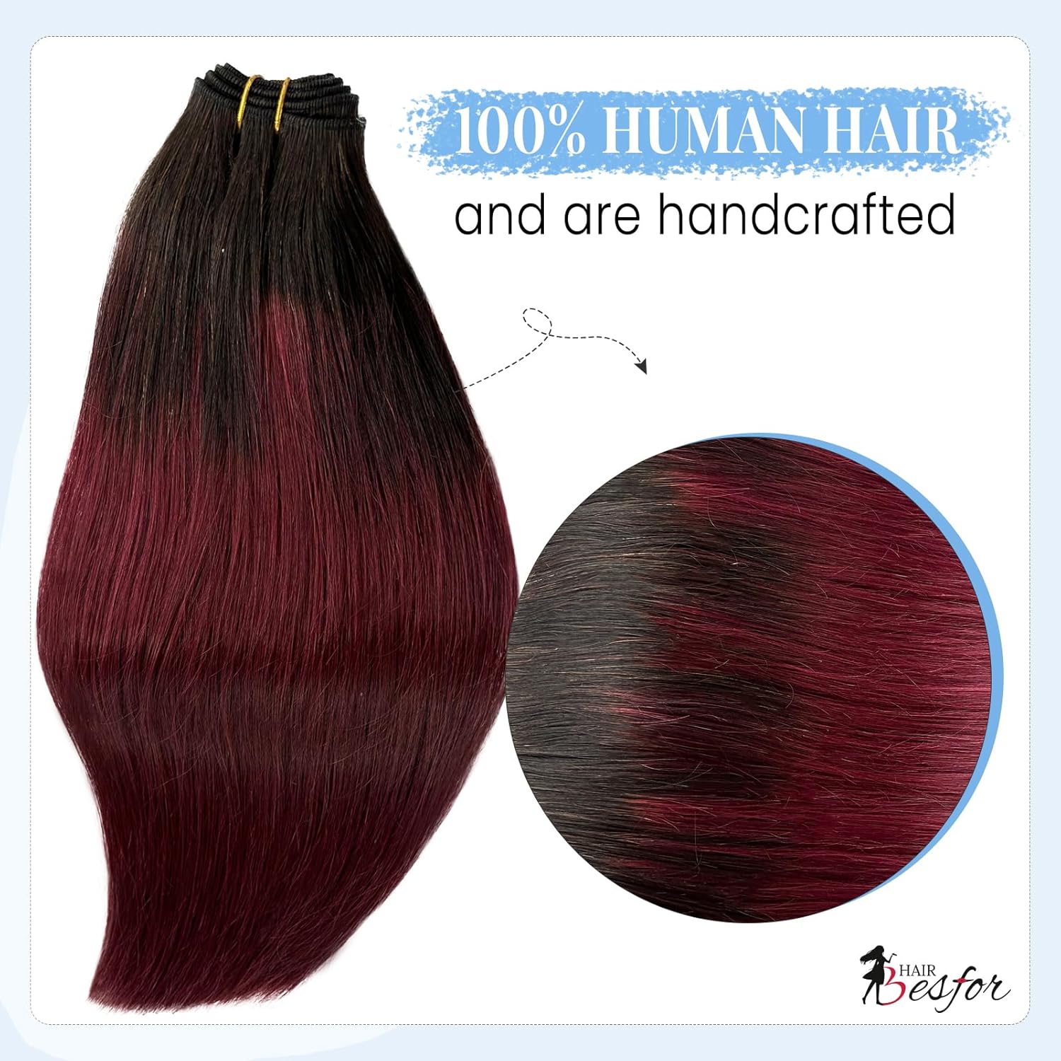 Extensiones de cabello humano para coser, color burdeos, atadas a mano, extensiones de cabello de trama de 16 pulgadas, sedosas y lacias,
