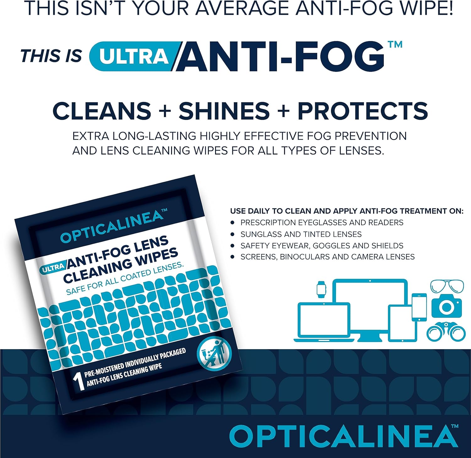 OPTICALINEA Toallitas de limpieza de lentes ultra antivaho l Toallitas antiniebla prehumedecidas para lentes, gafas de sol, gafas, pantallas, lentes