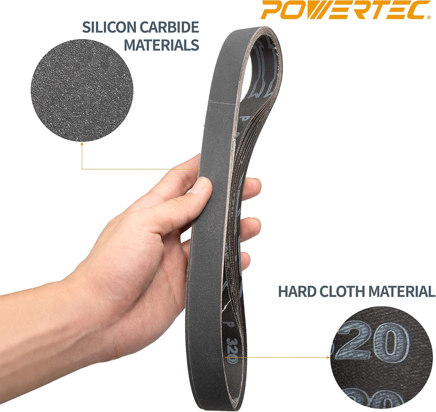 POWERTEC 424232S – Bandas de lijado de 2 x 42 pulgadas, papel de lija abrasivo de carburo de silicio grano 320, paquete de 10