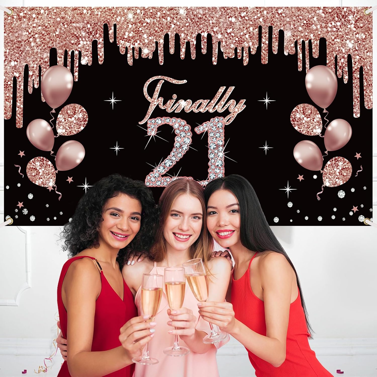 Decoraciones de cumpleaños número 21 para mujer, cartel de cumpleaños de 21 años de oro rosa, suministros de fiesta, fondo de cumpleaños de veintiún
