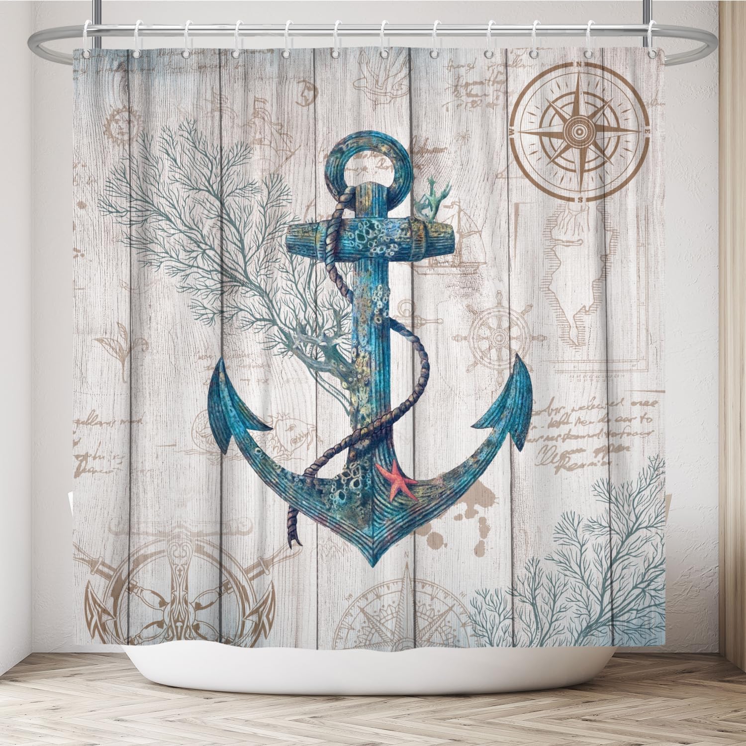 Cortina de ducha con ancla náutica para baño, playa, costera, cortina de ducha rústica con tema de navegación, cortina de baño con gancho, 72 x 72