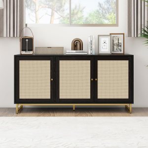 Aparador de buffet con puertas decoradas de ratán, gabinete de buffet, gabinete de ratán de 3 puertas con patas de metal para sala de estar, Aparador de buffet con puertas decoradas de ratán, gabinete de buffet, gabinete de ratán de 3 puertas con patas de metal para sala de estar,