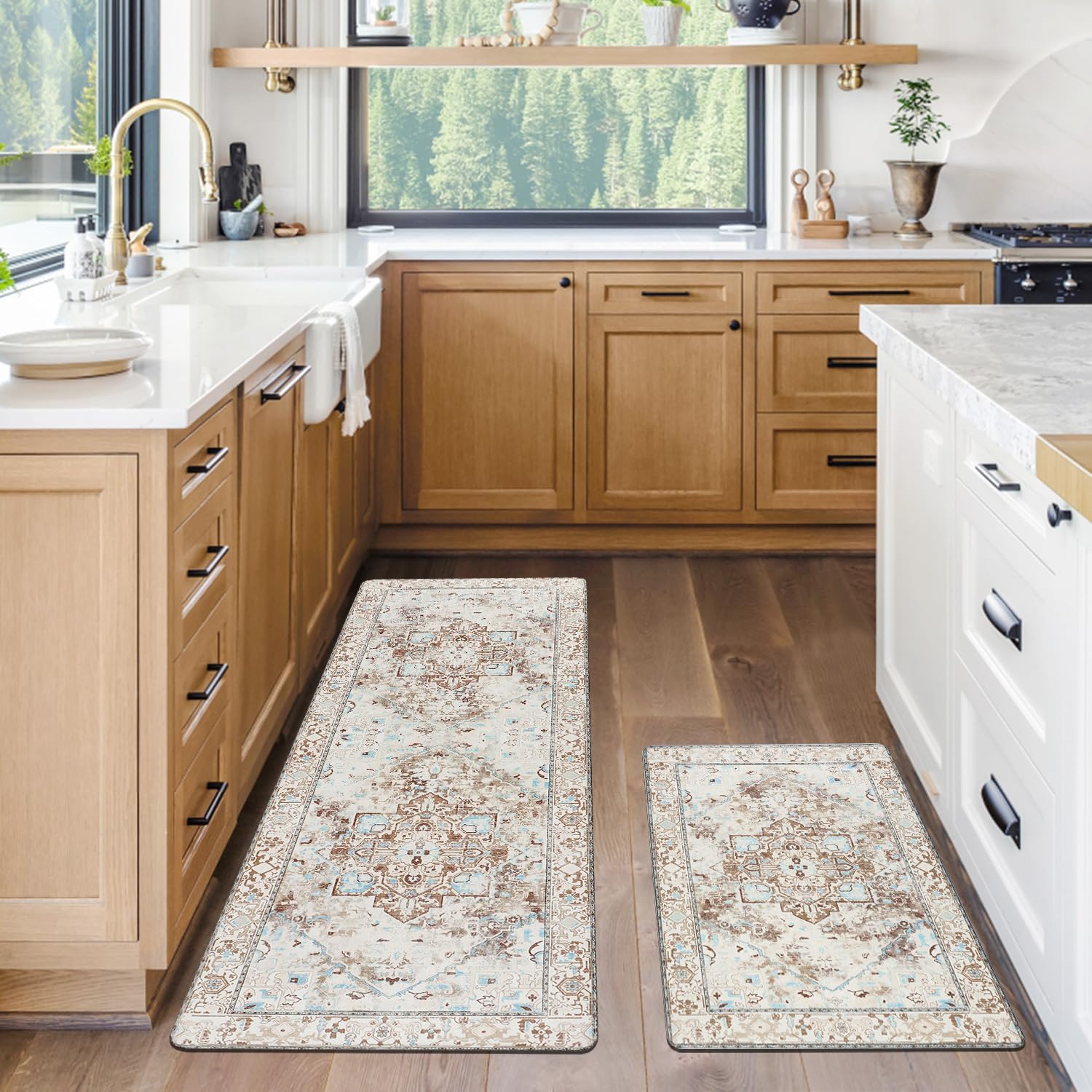Cekene Juego de 2 alfombras y tapetes acolchados para cocina, antifatiga, tapetes de cocina para piso, tapetes de cocina estilo bohemio de granja,