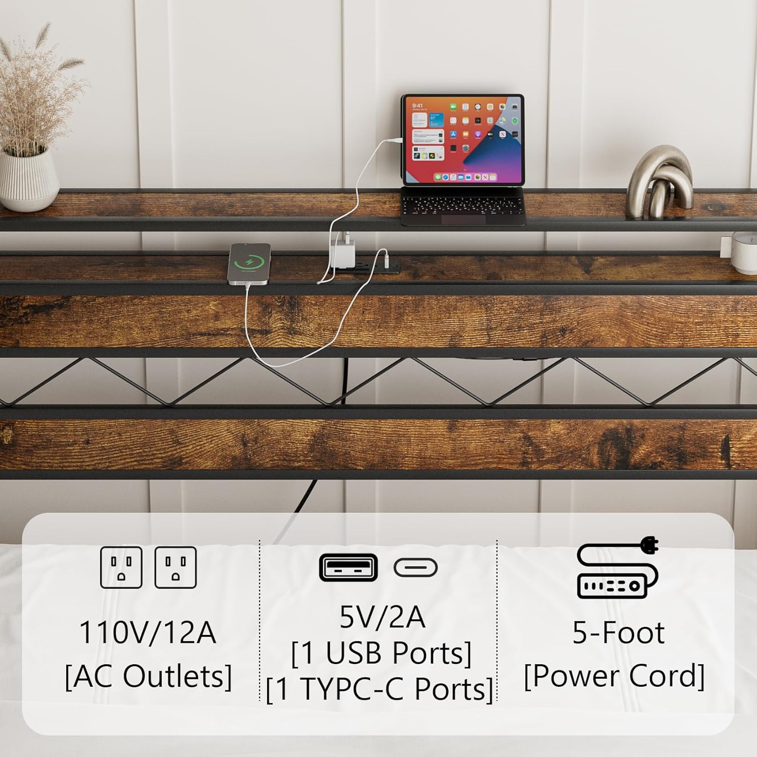 Aobafuir Base de cama Queen con cabecera de almacenamiento, marco de cama tamaño Queen con estación de carga, cama de plataforma con luces LED,