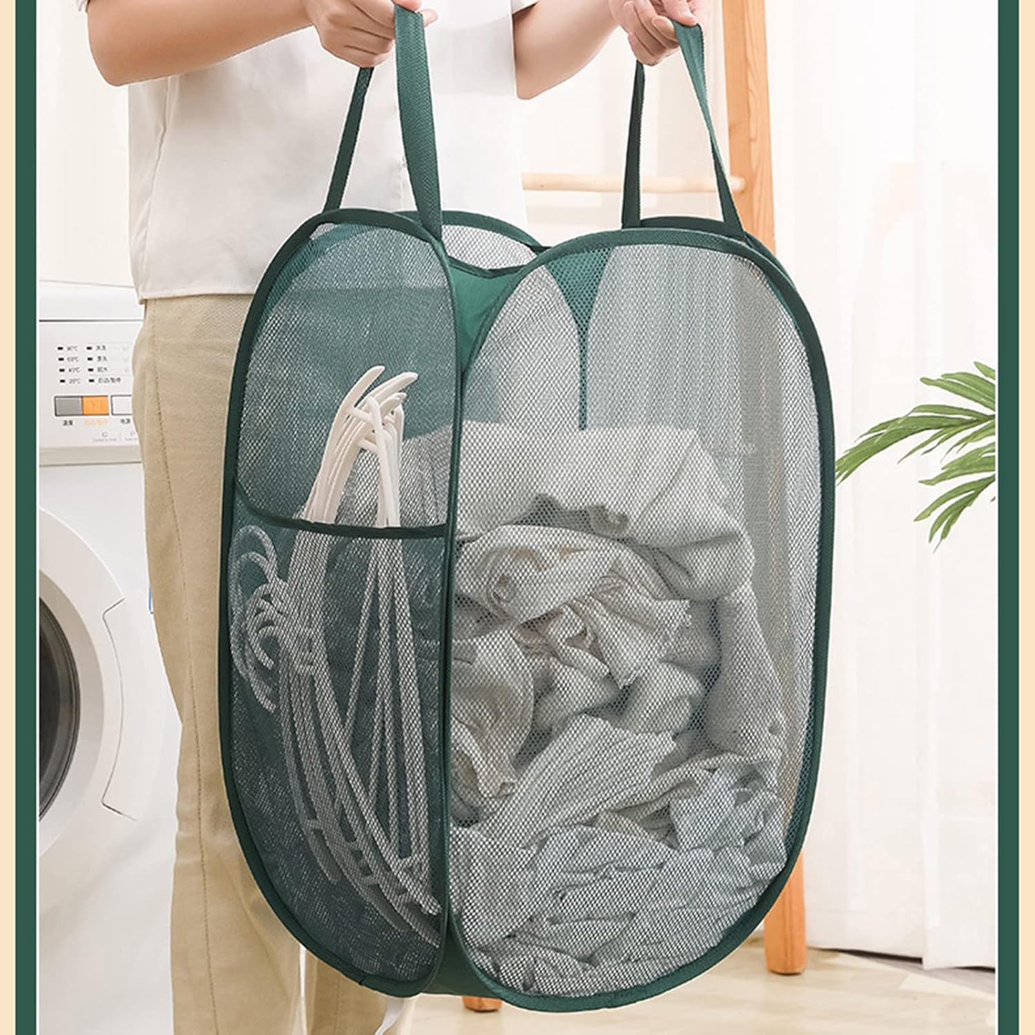 Práctica cesta desplegable de malla para lavandería, almacenamiento de ropa duradera, portátil, plegable, con bolsillo lateral para dormitorio, baño