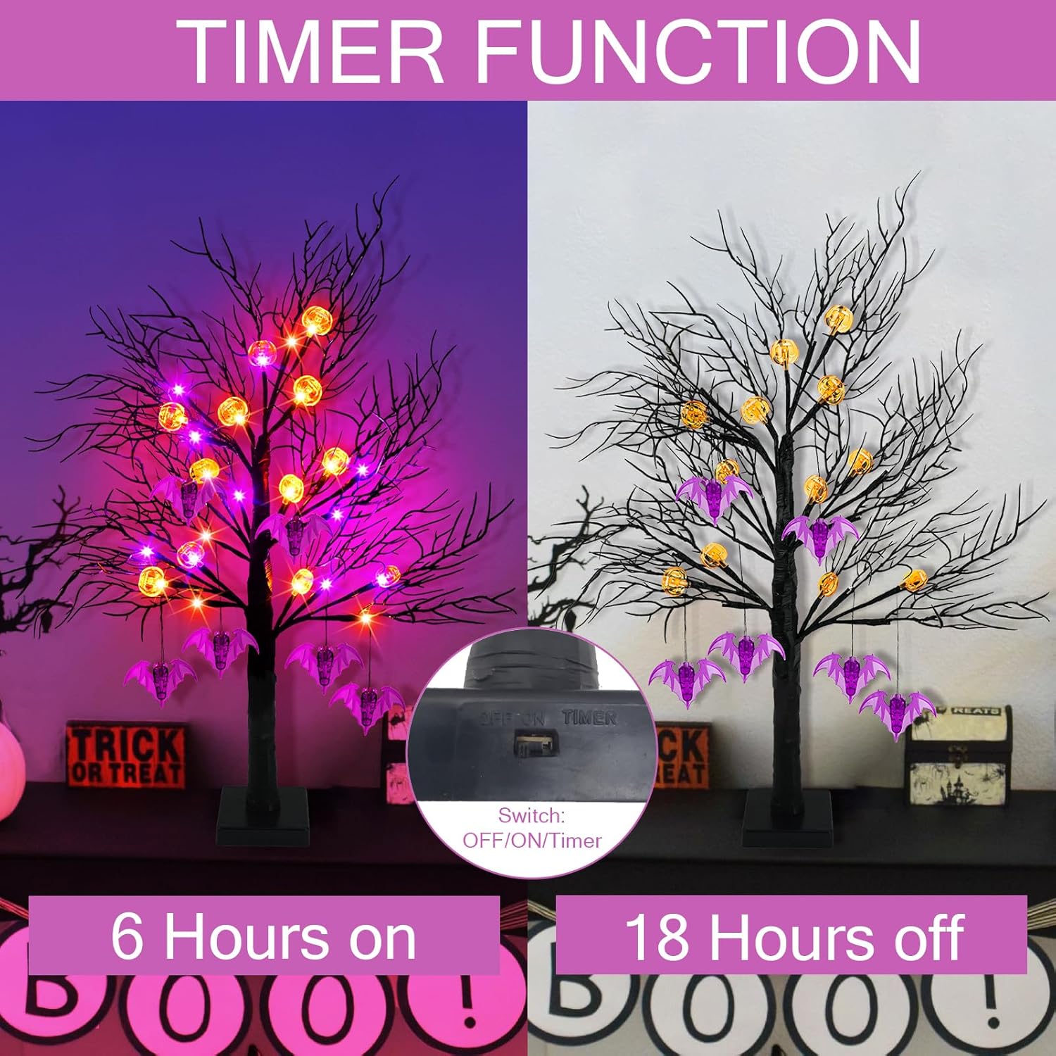 Paquete de 2 luces negras de árbol de Halloween de 24 pulgadas, 24 luces LED espeluznantes con luces de murciélago de calabaza naranja y morado,