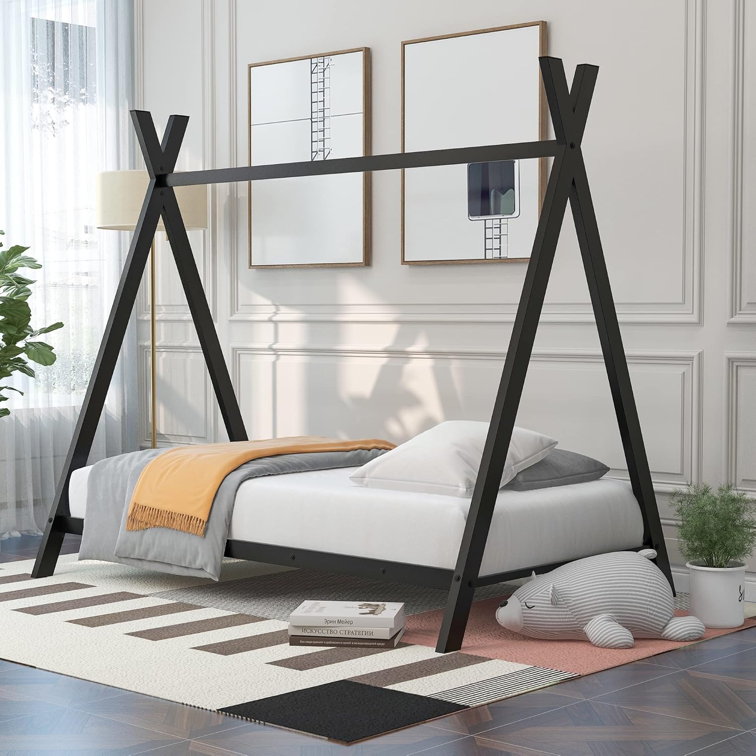 Lifeand Marco de cama de tamaño individual, cama de metal con listones para niños, niñas, niños, no necesita somier, color negro