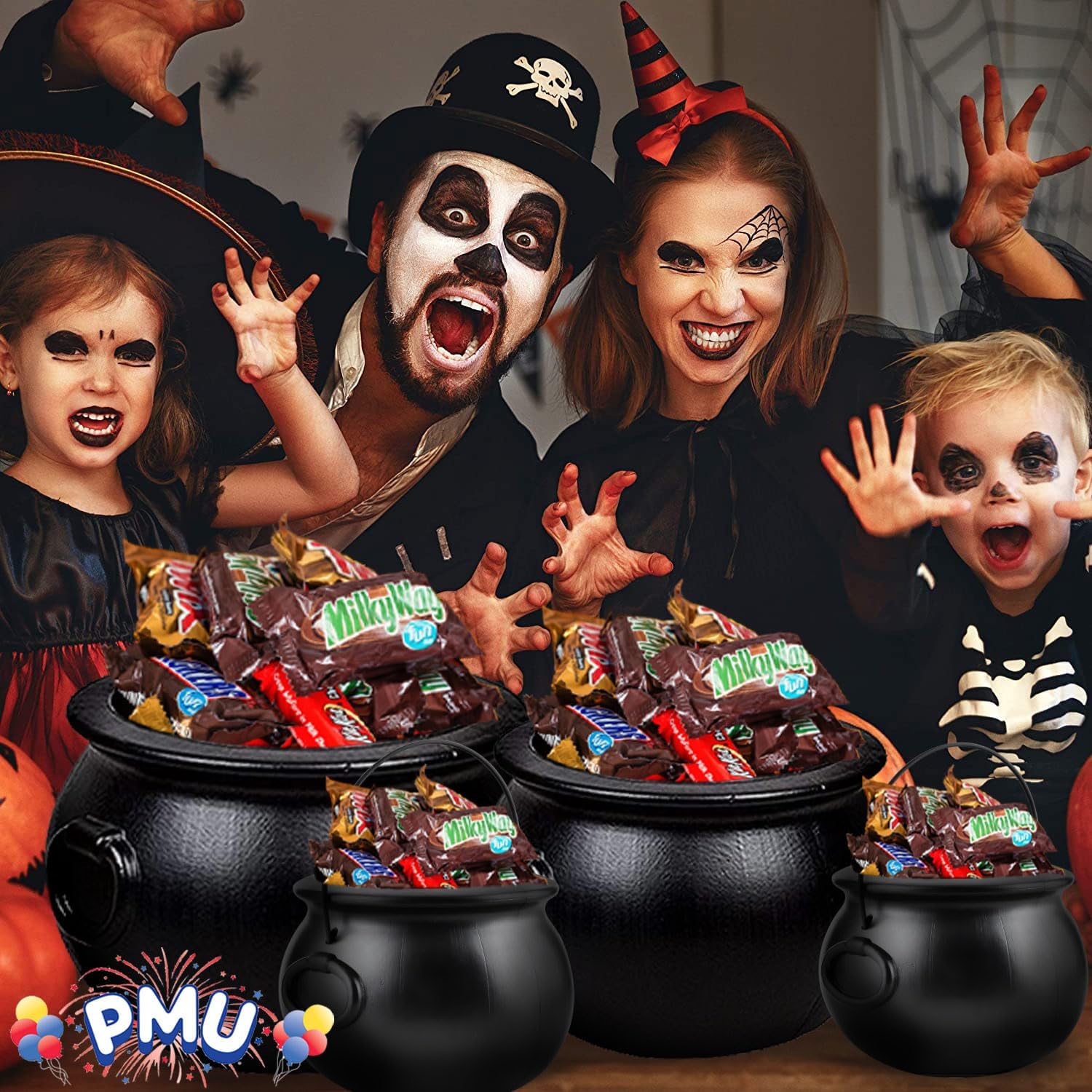 PMU Caldero de Halloween  Paquete múltiple de 4 piezas surtido de plástico para dulces para niños  Recuerdos y suministros de fiesta de Halloween