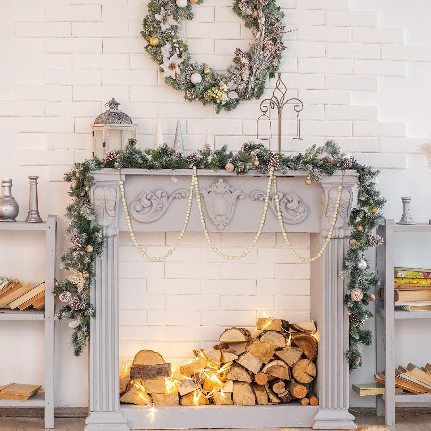 2 cuentas de madera bohemias de Navidad de 18 pies, guirnalda de cuentas de madera de granja, guirnalda redonda para manualidades, decoración de