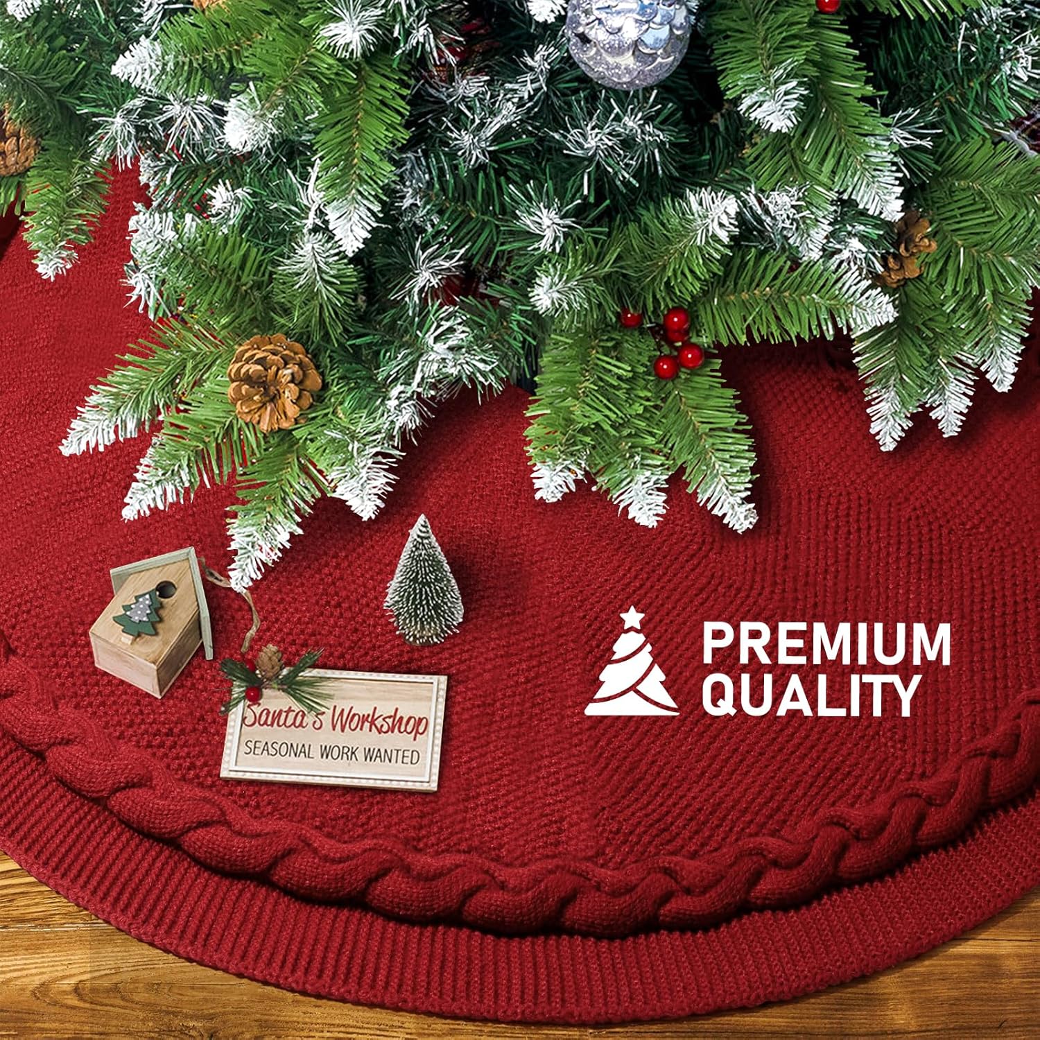 Falda de árbol de Navidad de punto de 48 pulgadas, falda de árbol de Navidad de punto trenzado rojo, decoración de falda de árbol de Navidad rústica