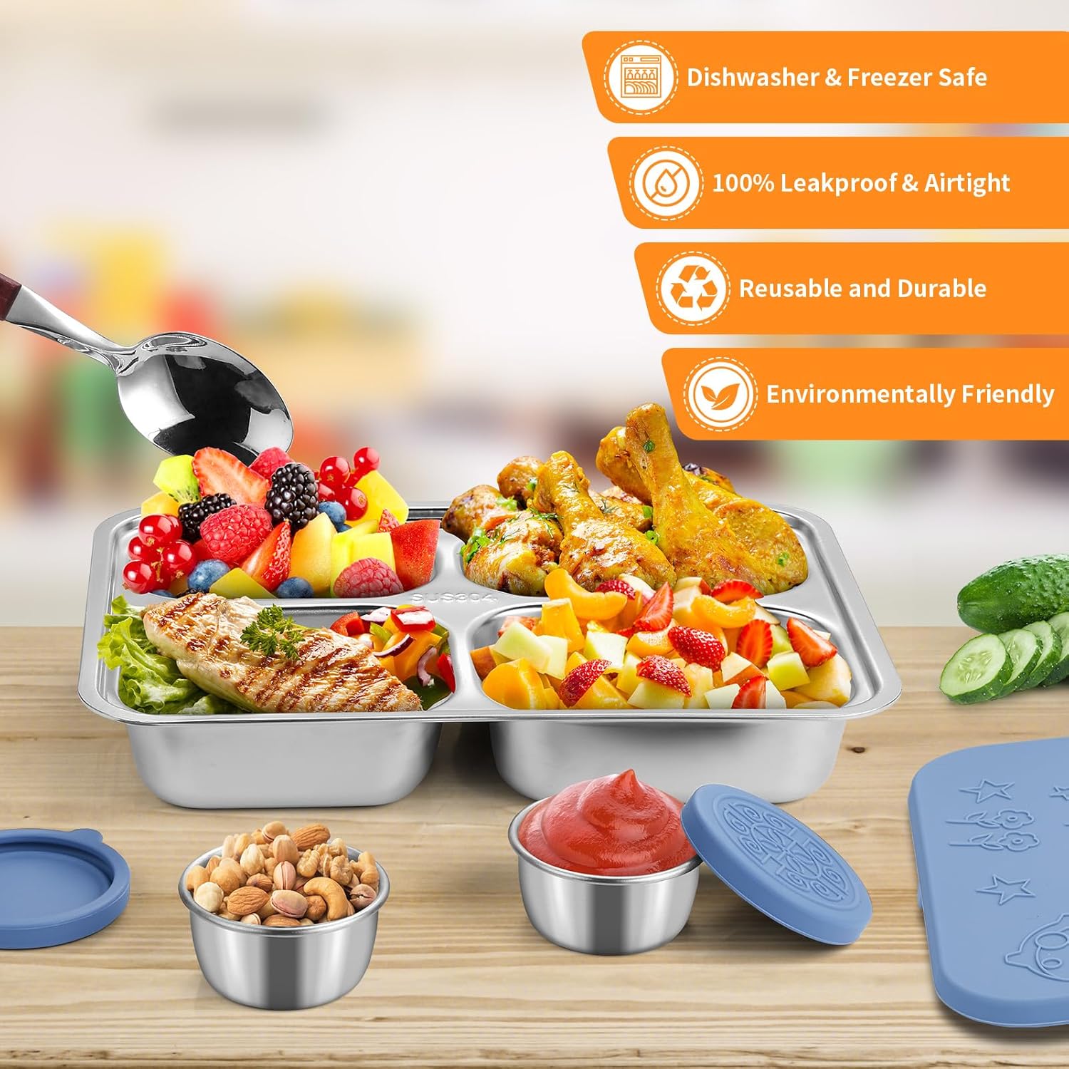Caja Bento de acero inoxidable con 2 tazas de salsa, 4 compartimentos de alta calidad, lonchera de metal para niños o adultos (azul)