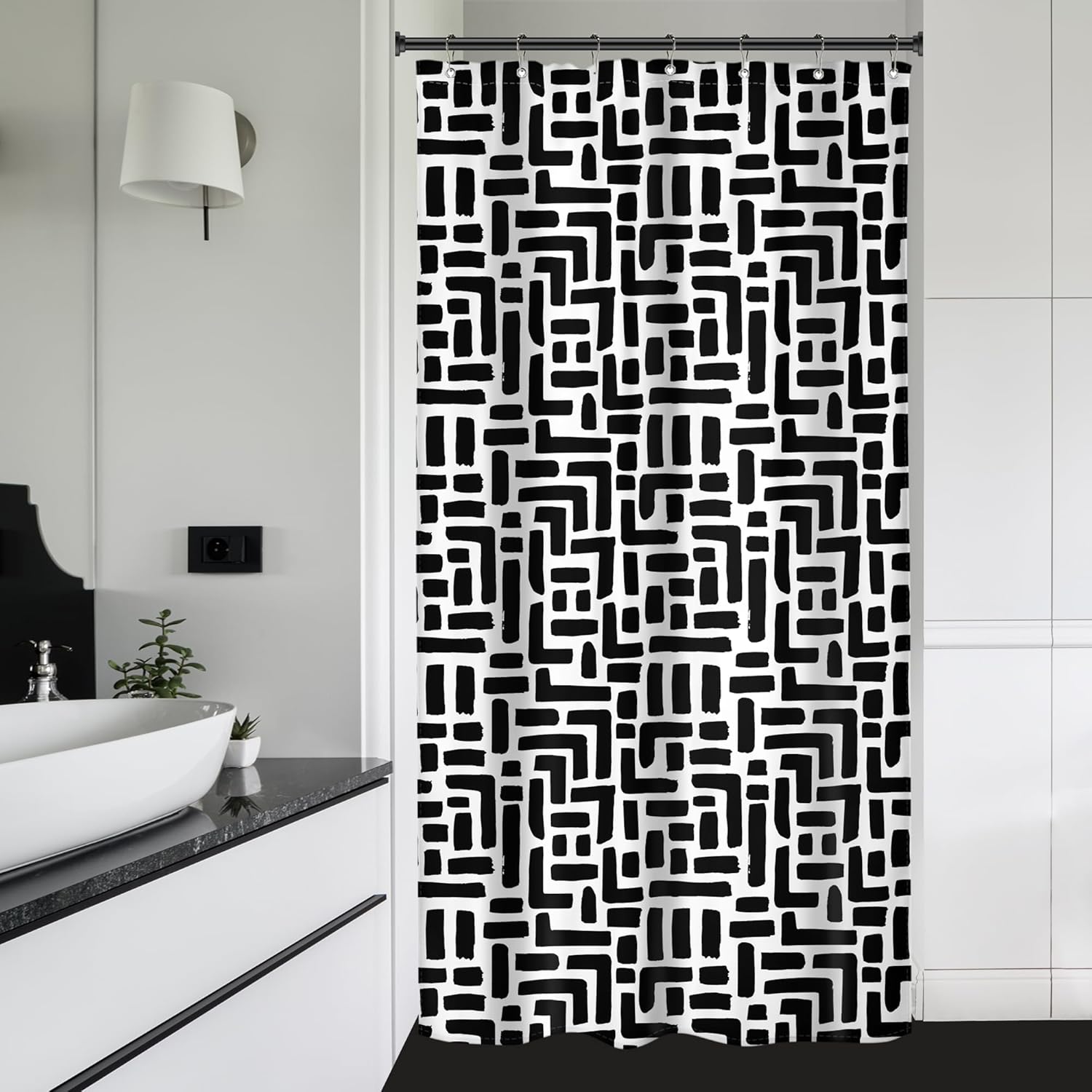 Riyidecor Cortina de ducha abstracta en blanco y negro, bohemio, bohemio, moderno, minimalista, geométrico, 36 pulgadas de ancho x 72 pulgadas de