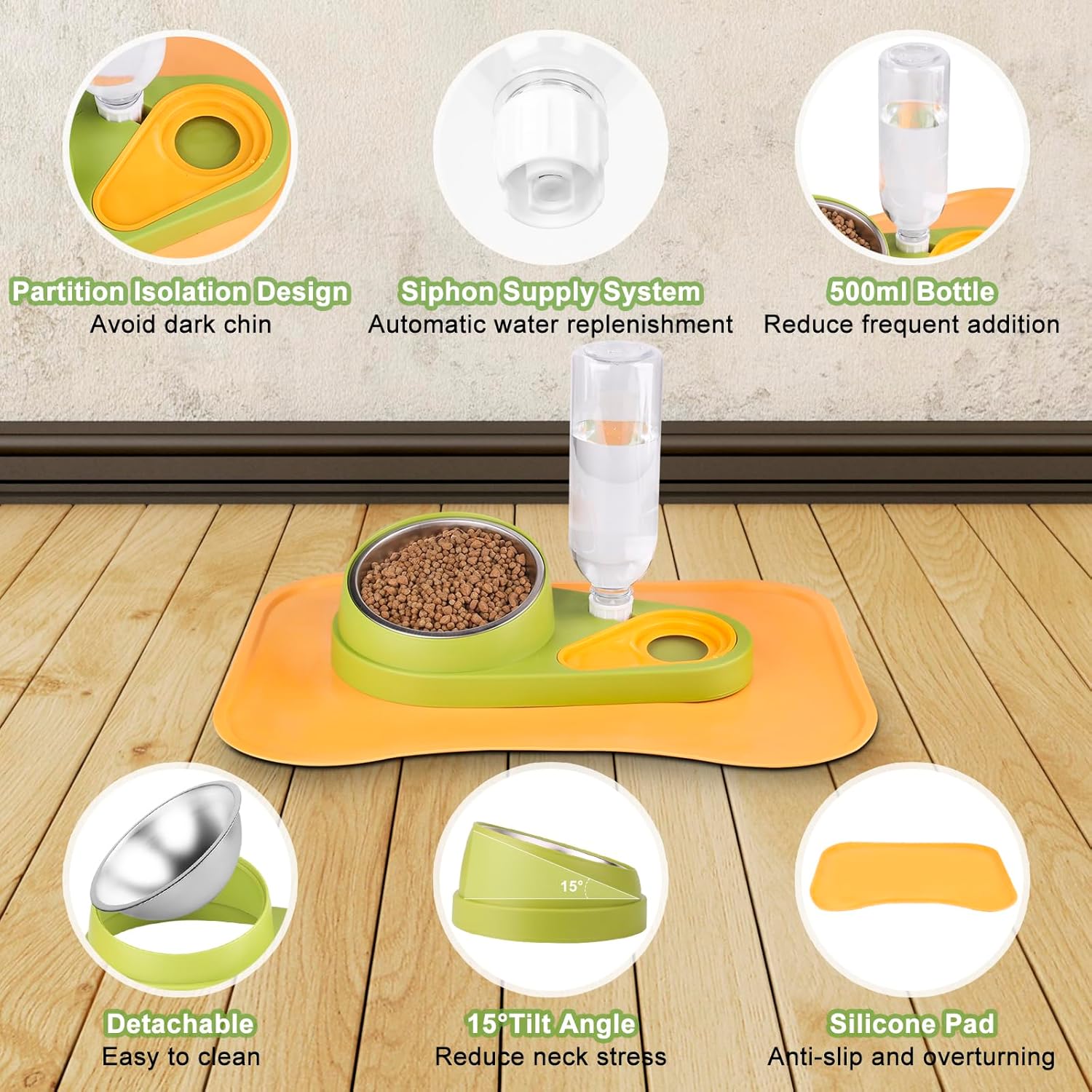 Juego de alimentador de alimentos y dispensador de agua para mascotas, cuencos elevados 2 en 1 con tapete impermeable para alimentación, dispensador