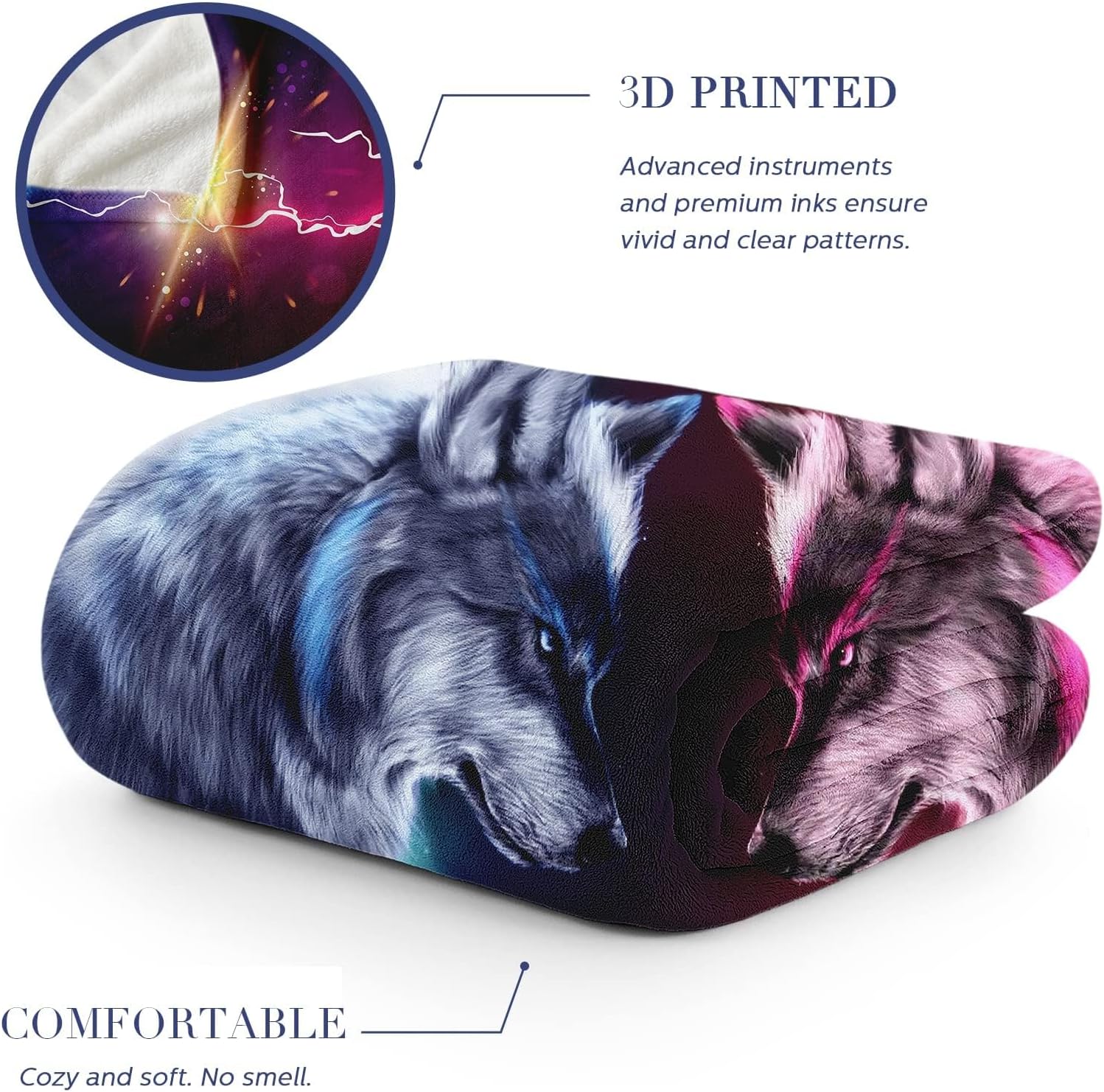 Manta de forro polar de 80 x 60 pulgadas, suave, acogedora y cálida, manta de franela de felpa azul contra rojo, diseño de lobo rayo, para sofá,
