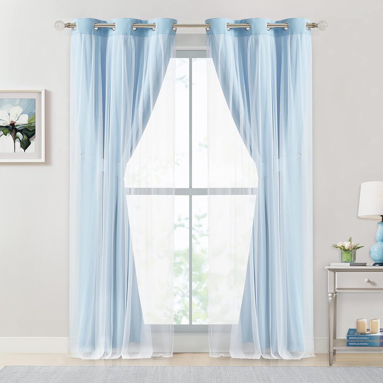 Cortinas 90% opacas de color azul cielo con superposición transparente, mezcla y combinación, paneles de ventana de doble capa con aislamiento