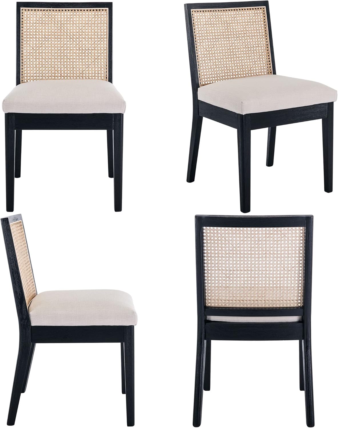 VESCASA Sillas de comedor tapizadas con respaldo cuadrado de ratán, sillas de comedor acolchadas de lino sin brazos con patas de madera para