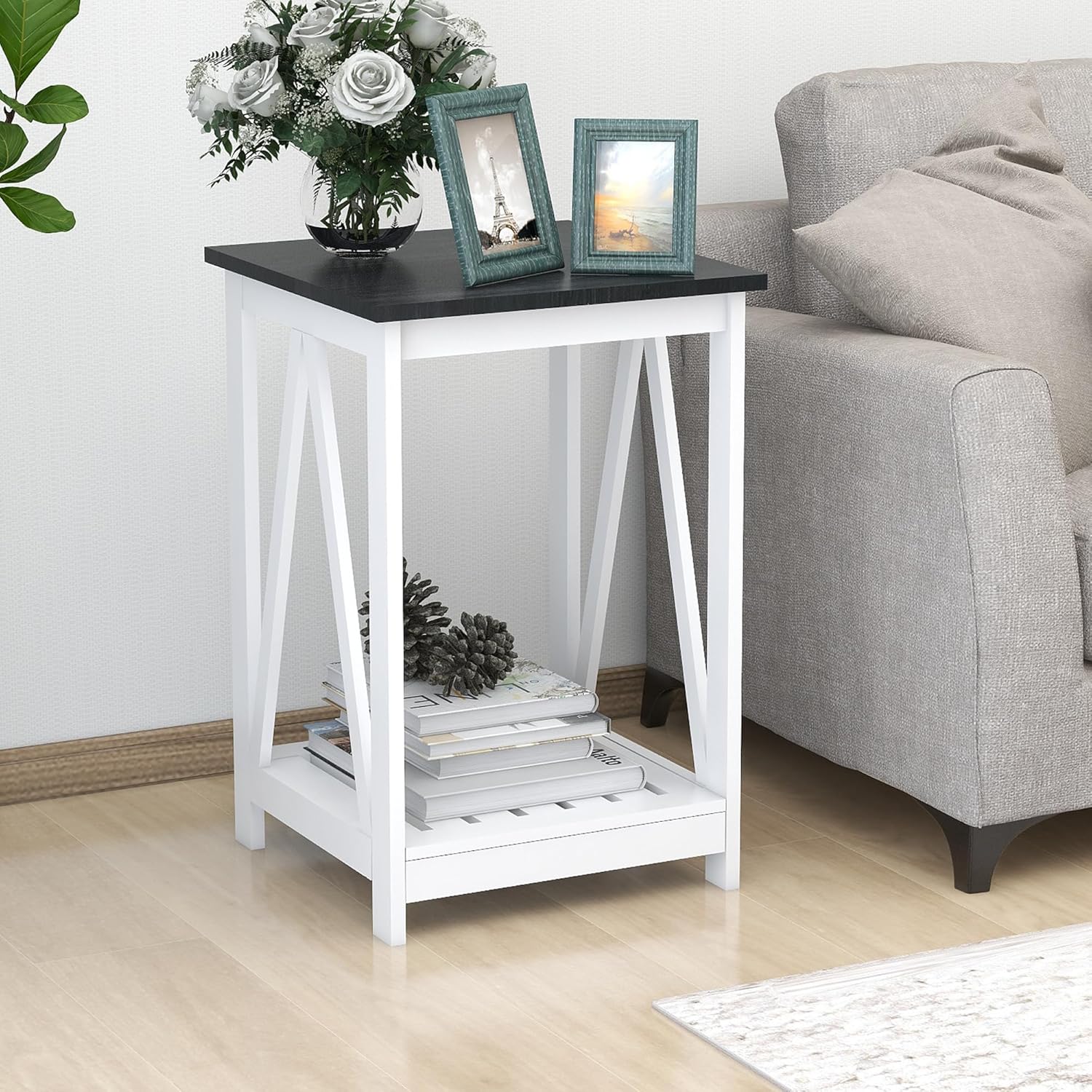 Mesa auxiliar cuadrada de granja, mesa auxiliar con diseño de listones, mesa auxiliar de noche para sofá con marco resistente para sala de estar y