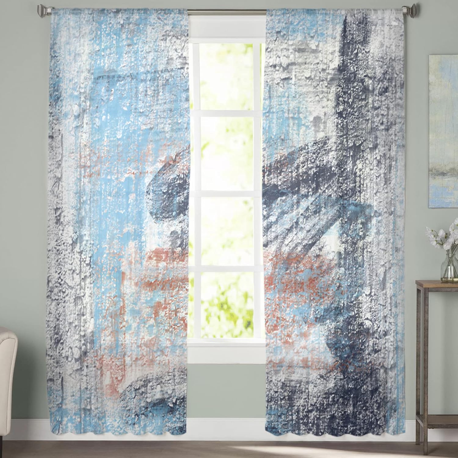 Sheer Curtains 84 Inch Long Street Blue Modern Abstract Art Rod Pocket Voile Semi-Sheer Window Treatment Drapes for Living Room Bedroom Windows 2