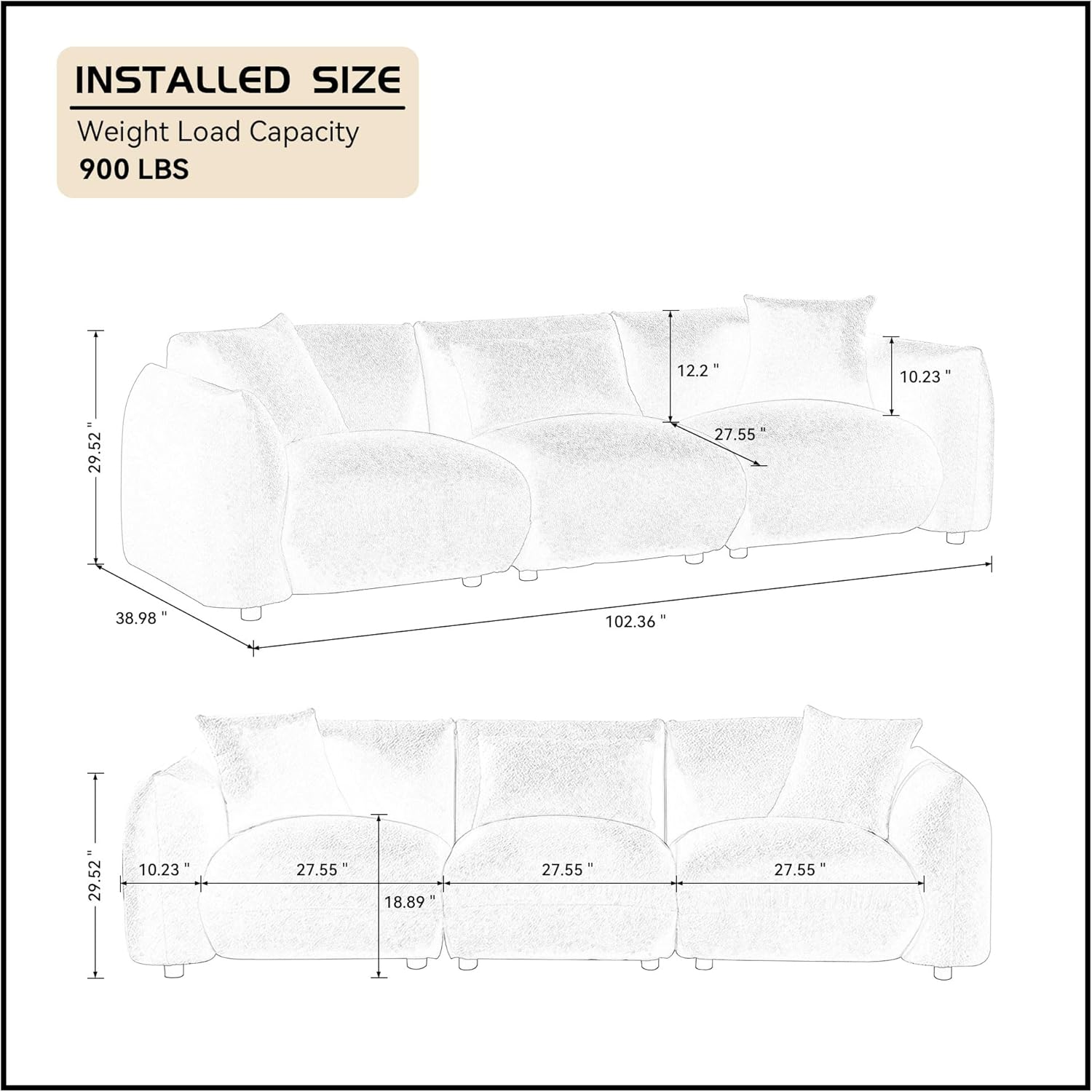 WILLIAMSPACE Sofá modular de 102.36 pulgadas para sala de estar, sofá moderno tapizado en la nube, sofá Boucle con 3 almohadas, 4 asientos de