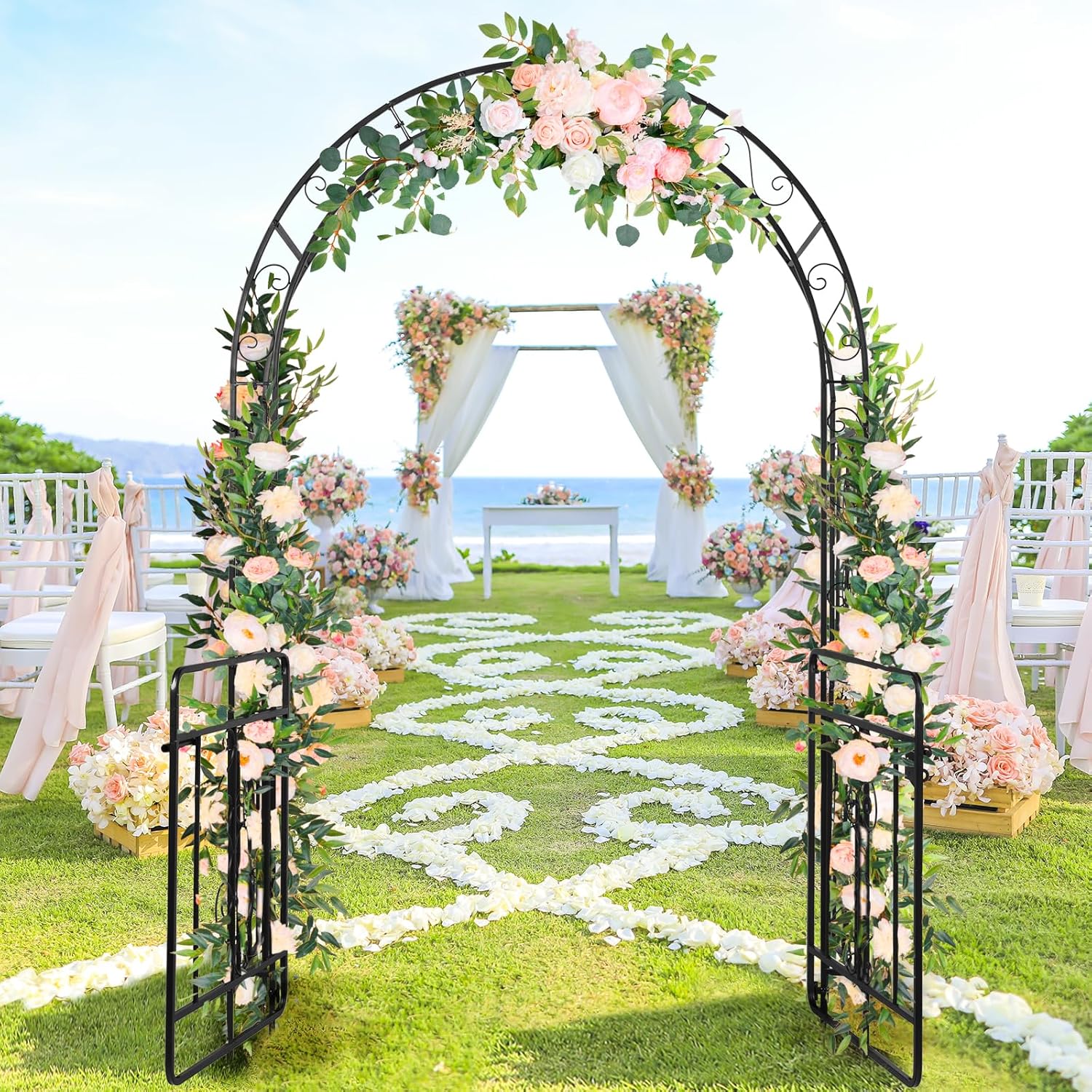 Outvita Cenador de arco de jardín de 7 pies con puerta de entrada, arco de cenador de metal resistente, marco decorativo enrejado con estacas de