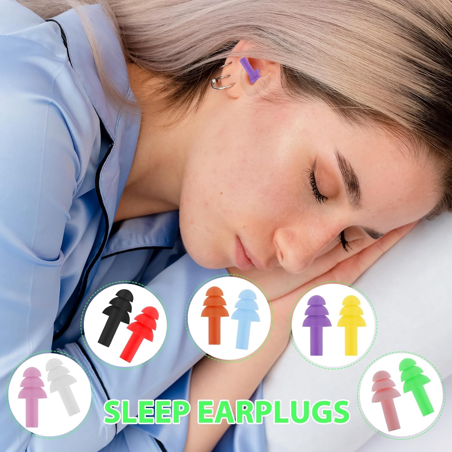 Sibba 10 pares de tapones para los oídos para dormir, de silicona suave, reutilizables, para dormir con cancelación de ruido durante el estudio,