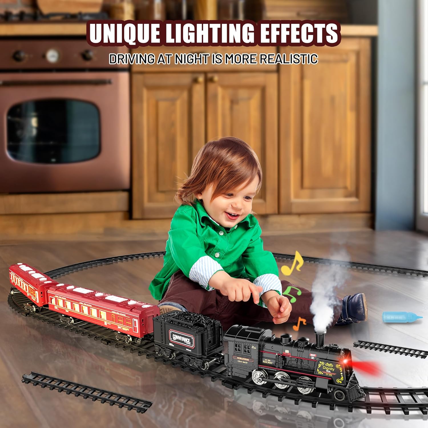 Hot Bee Juego de tren  Modelo de juguetes de tren con vagones de pasajeros brillantes, locomotora de vapor y pistas, trenes eléctricos de metal con