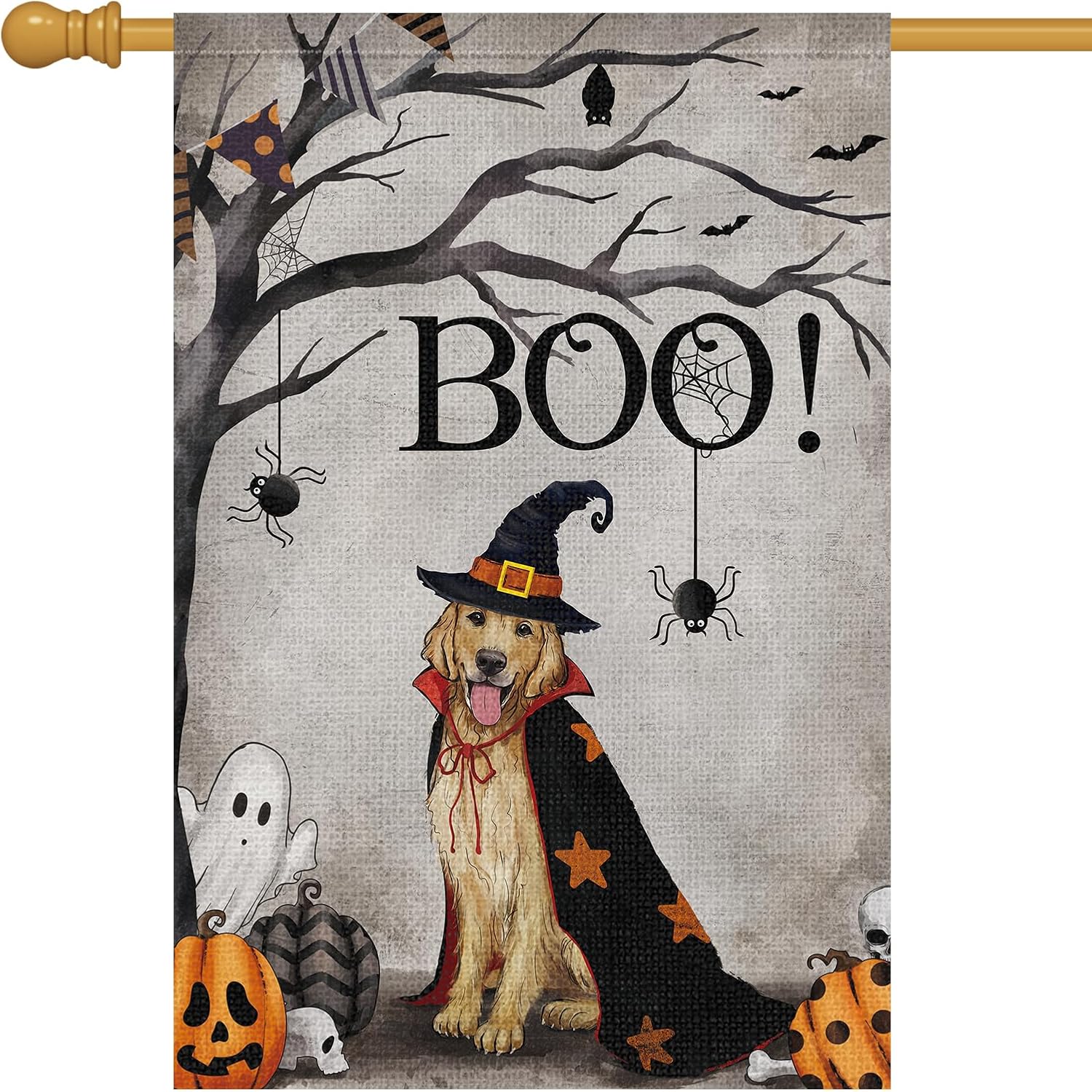 Bandera de jardín de perro Golden Retriever de Halloween de 28 x 40 pulgadas, arpillera de doble cara, fantasma, rústico, decoración de granja,
