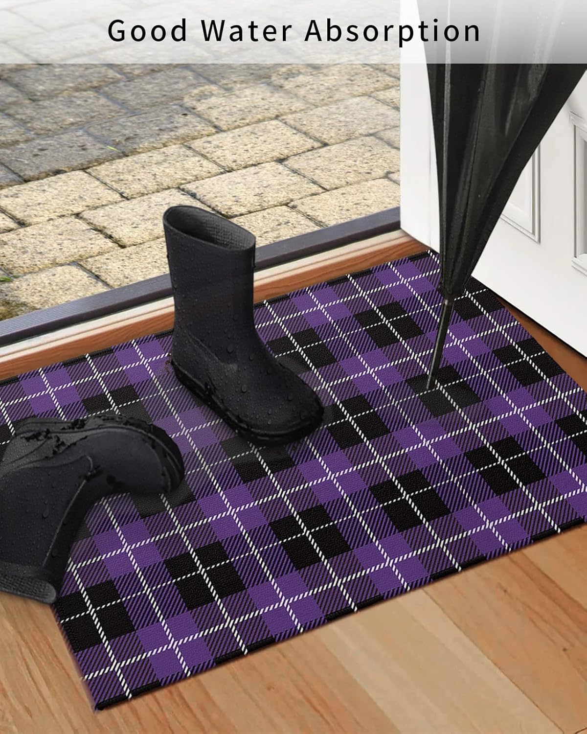 Tapetes para interiores y exteriores, tapete de Halloween a cuadros morados y negros, antideslizante, absorbente, resistente a la suciedad, tapete