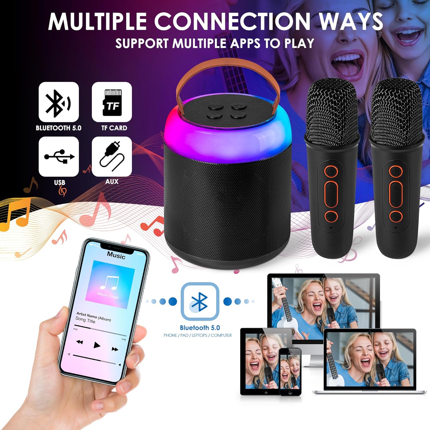 Mini máquina de karaoke con 2 micrófonos inalámbricos para niños y adultos, altavoz Bluetooth portátil de juguete para niñas y niños de 2, 4, 5, 6,