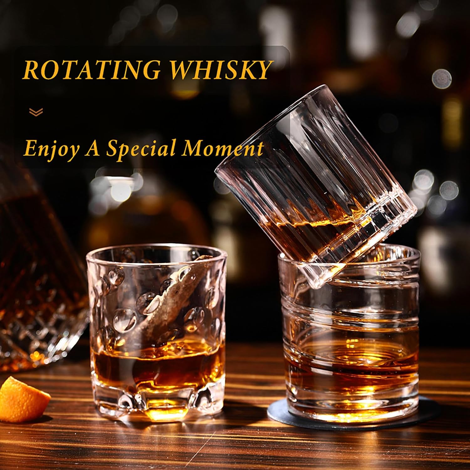 Whiskey Glasses, Spinning Bourbon Glass Set 4, Rocks Scotch Whisky Cognac Rum Cocktail Tasting Old Fashioned Glass, Personalized Men Ideas Unique