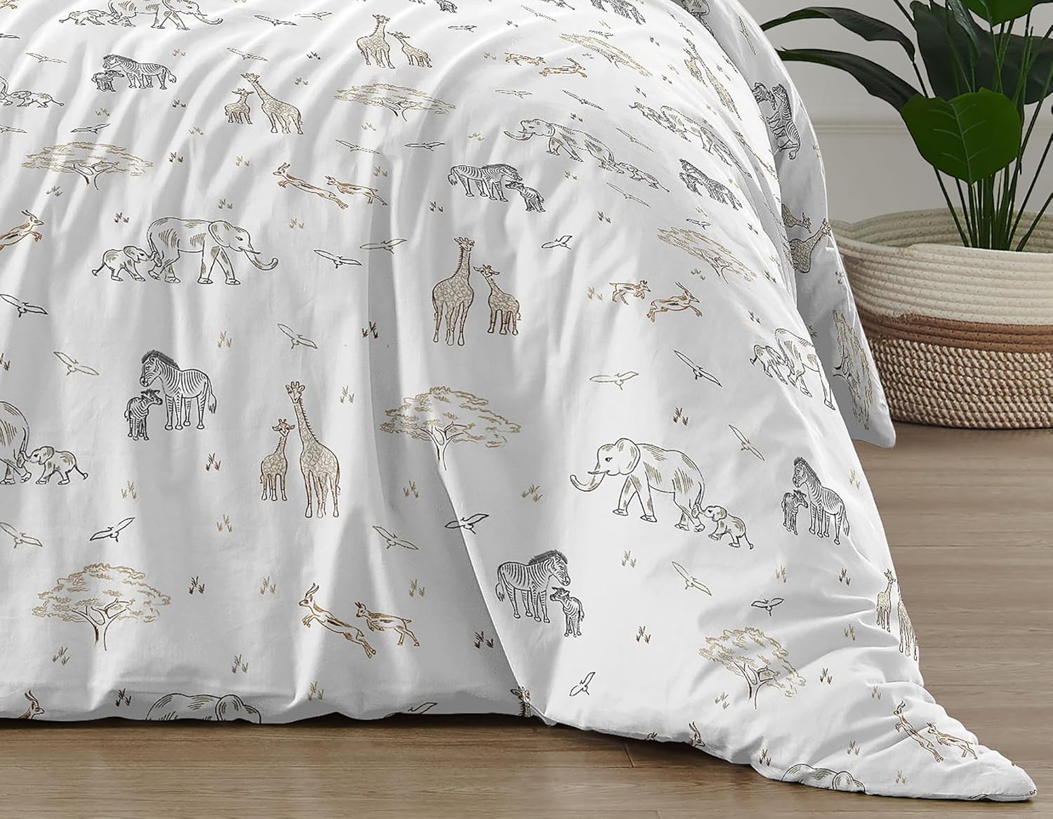 Sweet Jojo Designs Juego de edredón de 4 piezas con estampado de animales de safari en la selva, para niños, color marrón, gris pardo, negro,