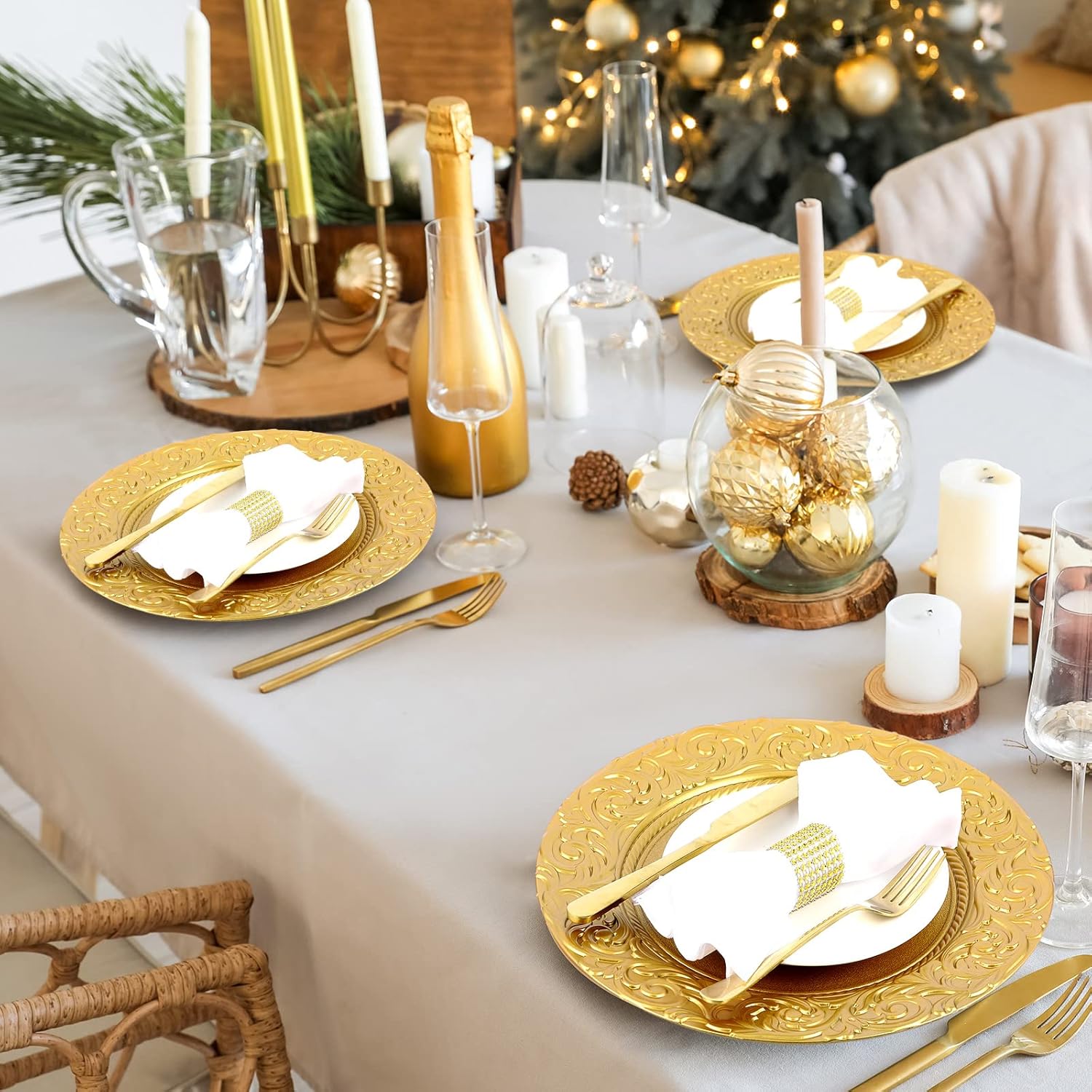 Uiifan Platos de carga antiguos a granel de plástico en relieve de 13 pulgadas, platos florales redondos para bodas, cargadores decorativos para