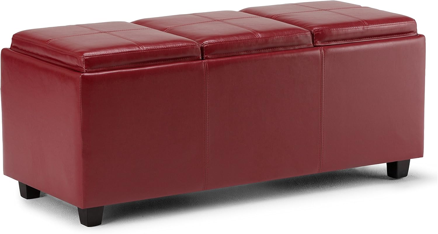 Otomana rectangular de Simpli Home de piel sintética para almacenamiento con 3 bandejas, Avalon, Madera
