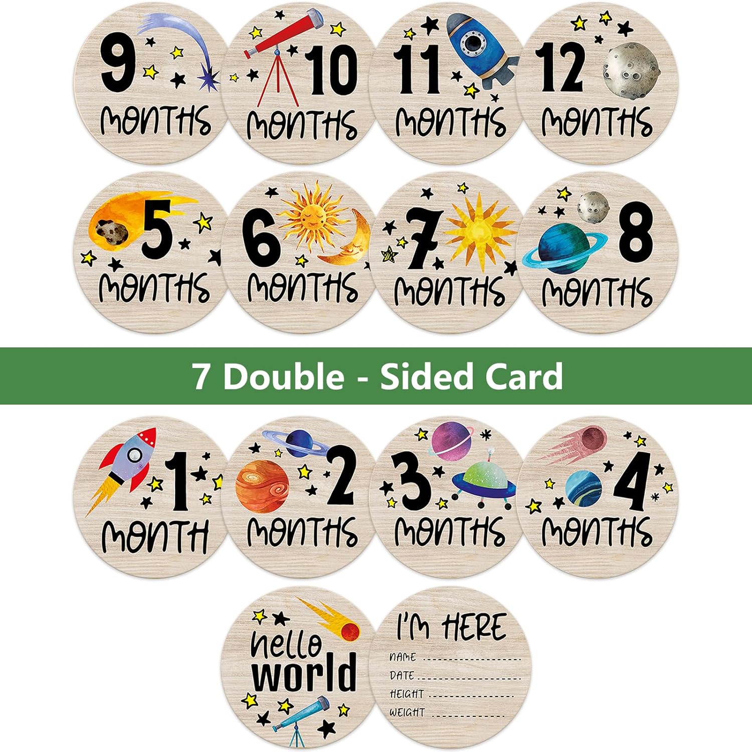 Círculos mensuales de hitos para bebés, discos de madera de astronauta para fotos de bebé tomadas con letreros de Hello World, 7 carteles redondos