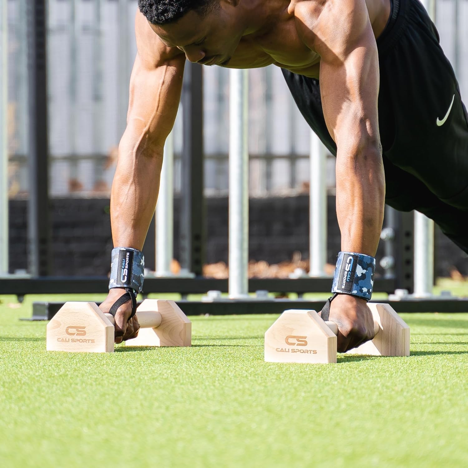 Calisthenics Wood Parallettes Bars  Push Up Bar That Will Not Slip or Wobble  Wrist Wraps Included