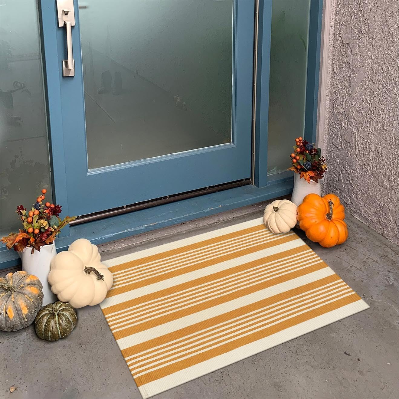 KIMODE – Tapete de Halloween de 24 x 35 pulgadas, tapete de otoño a rayas para exteriores, lavable a máquina, tapete de algodón tejido a mano para