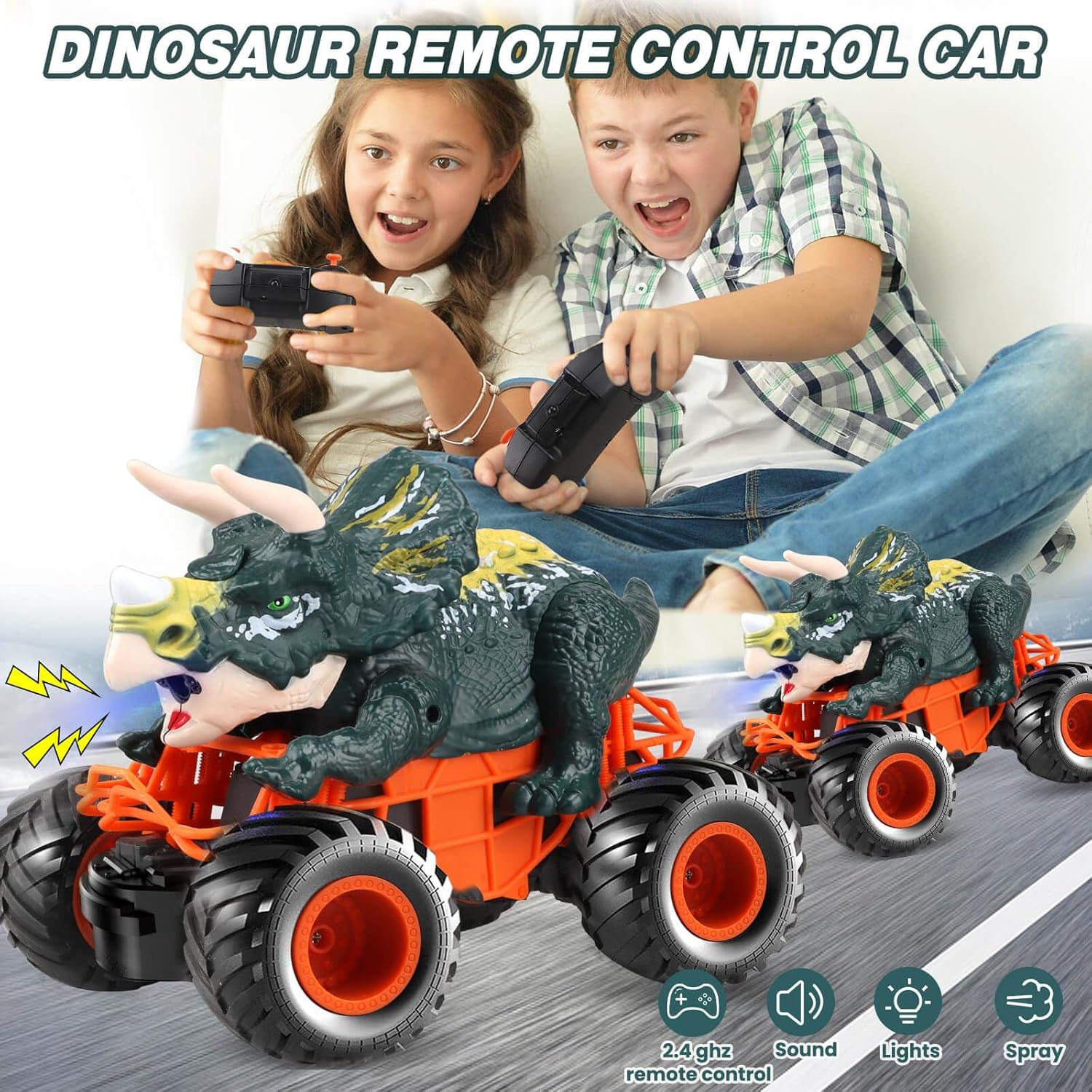 Dolanus Auto de juguete de dinosaurio a control remoto para niños de 3, 4, 5, 6, 7, 8 años, camiones monstruo de dinosaurio para niños, control
